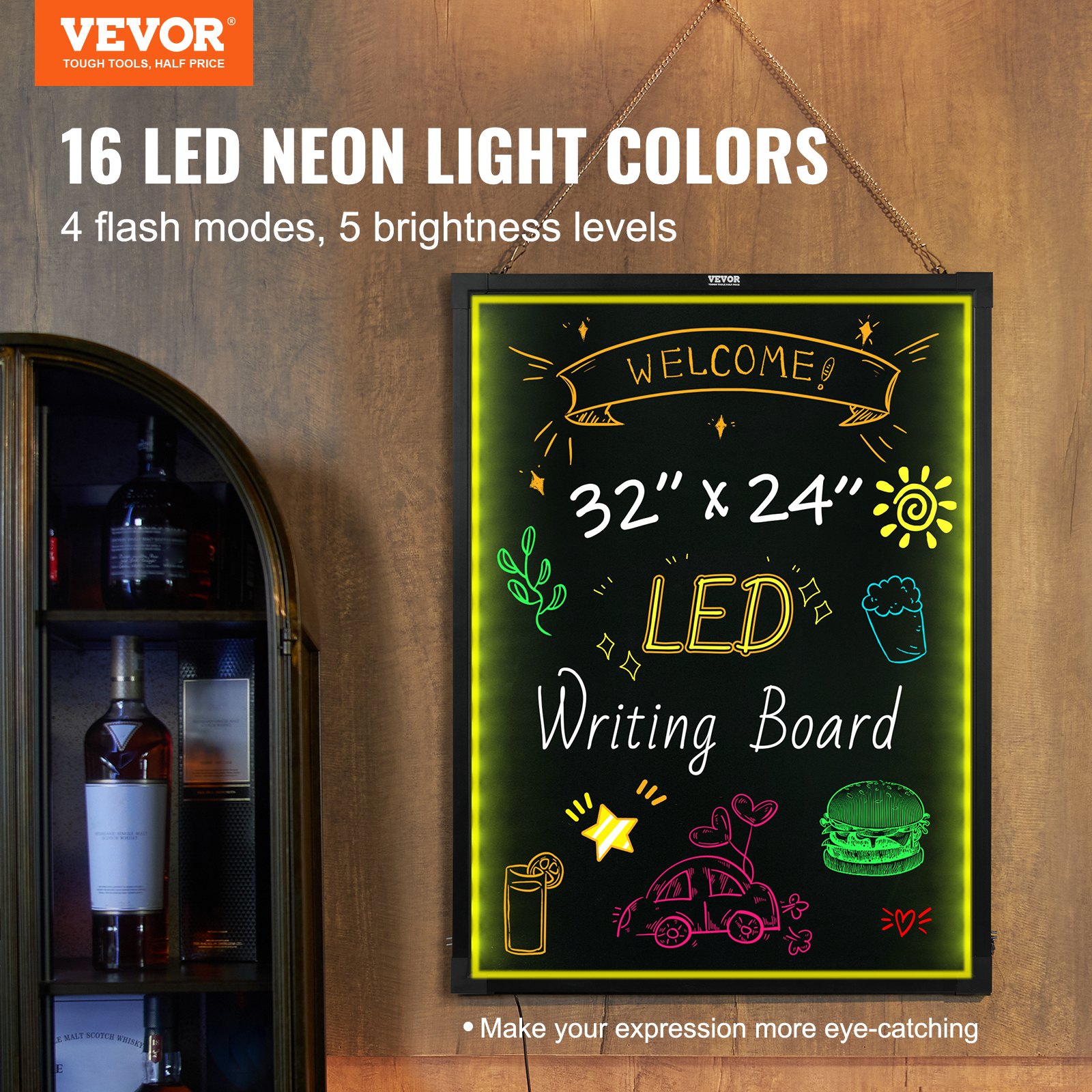Tablero de escritura de mensajes LED VEVOR con 16 colores de neón, 4 modos de flash y 5 niveles de brillo.