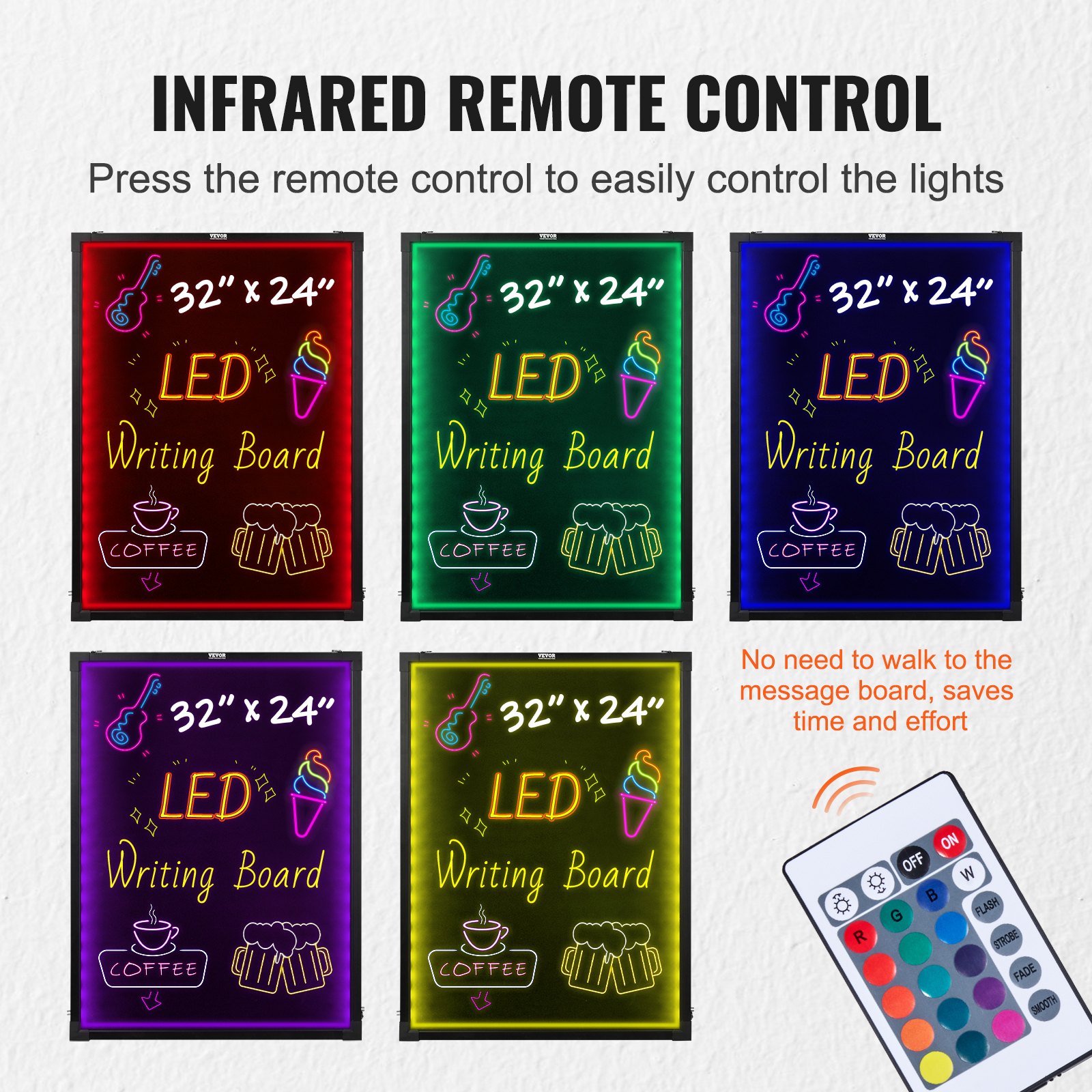 Tablero de escritura de mensajes LED VEVOR con control remoto por infrarrojos, que muestra modos de luz de colores.