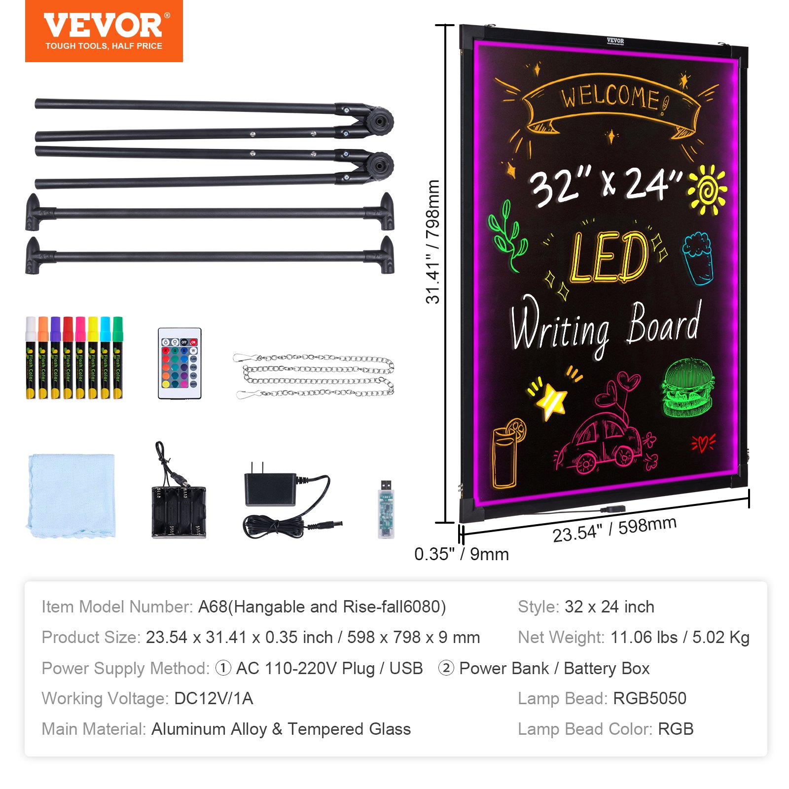 Tablero de escritura de mensajes LED VEVOR con accesorios, dimensiones y marcadores de neón vibrantes incluidos.