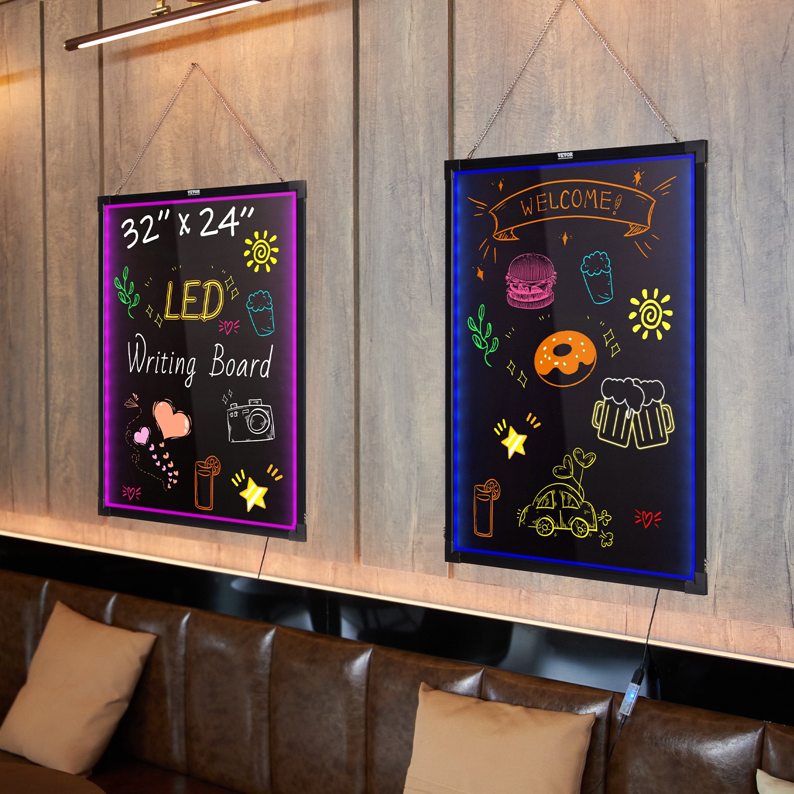 Dos tableros de escritura LED VEVOR con dibujos y mensajes coloridos, colgados en una acogedora cafetería.