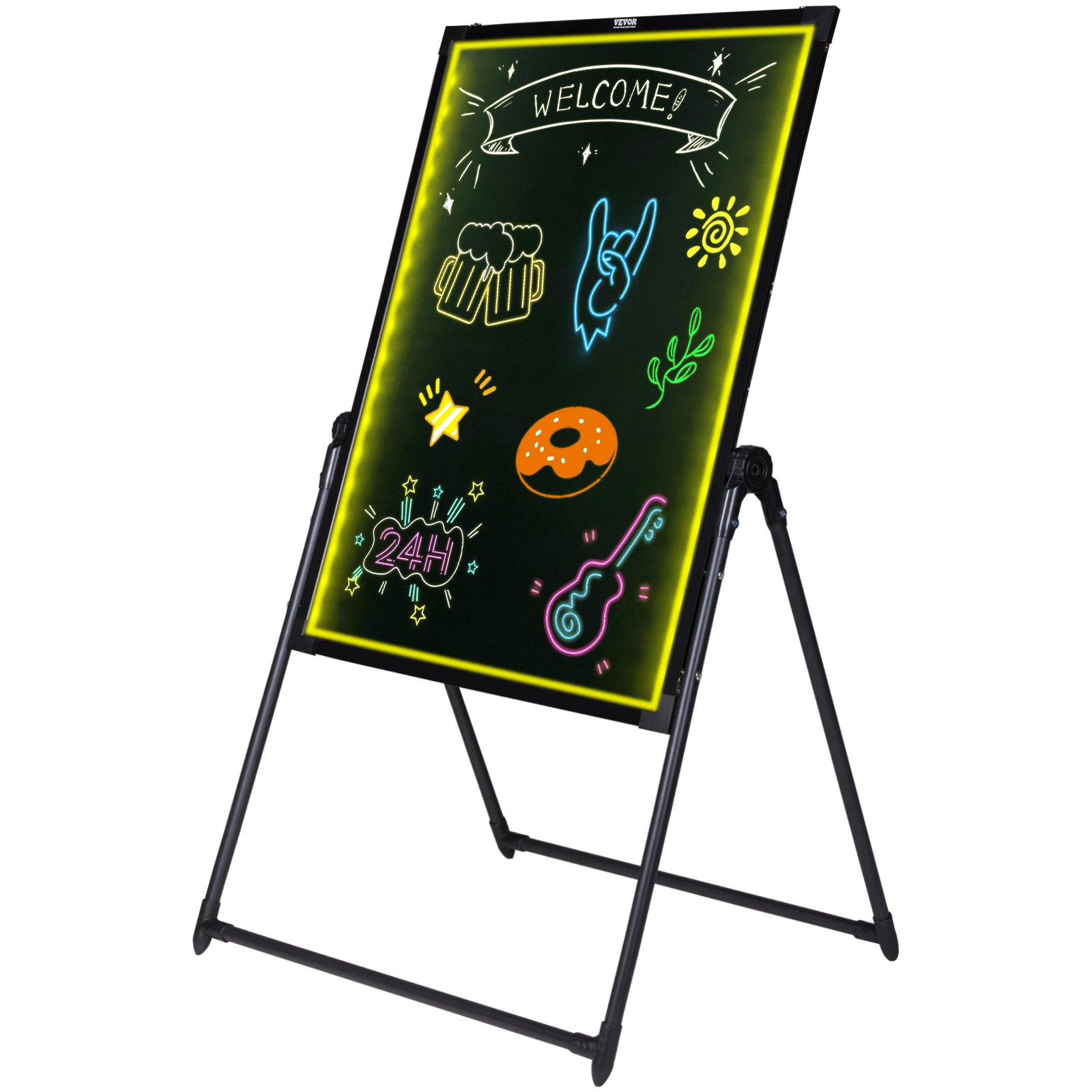 Tablero de escritura de mensajes LED VEVOR con dibujos coloridos, que incluye un cartel de bienvenida, una dona y una guitarra.