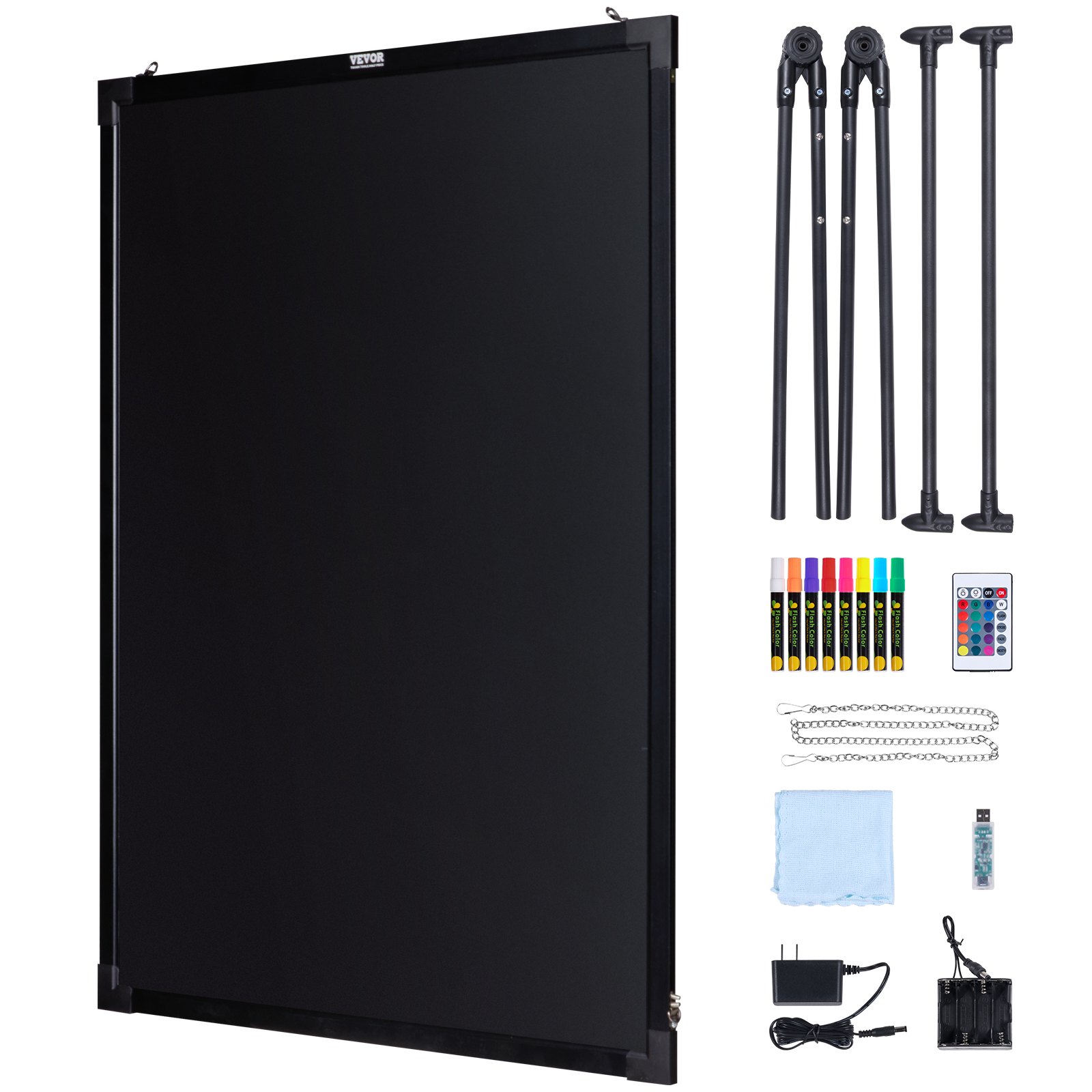 Tablero de escritura de mensajes LED VEVOR con marcadores, control remoto, trípodes, cadenas, tela, USB y cargador.