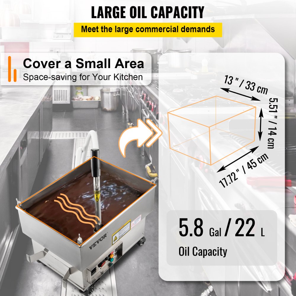 Filtro de freidora móvil VEVOR, capacidad de 44 LBS/22 L/5,8 galones, sistema de filtrado de aceite de 300 W con caudal de 5 L/min, sistema de filtrado de aceite de freír móvil con bomba de 10 L/min y manguera de aceite, 110 V/60 Hz