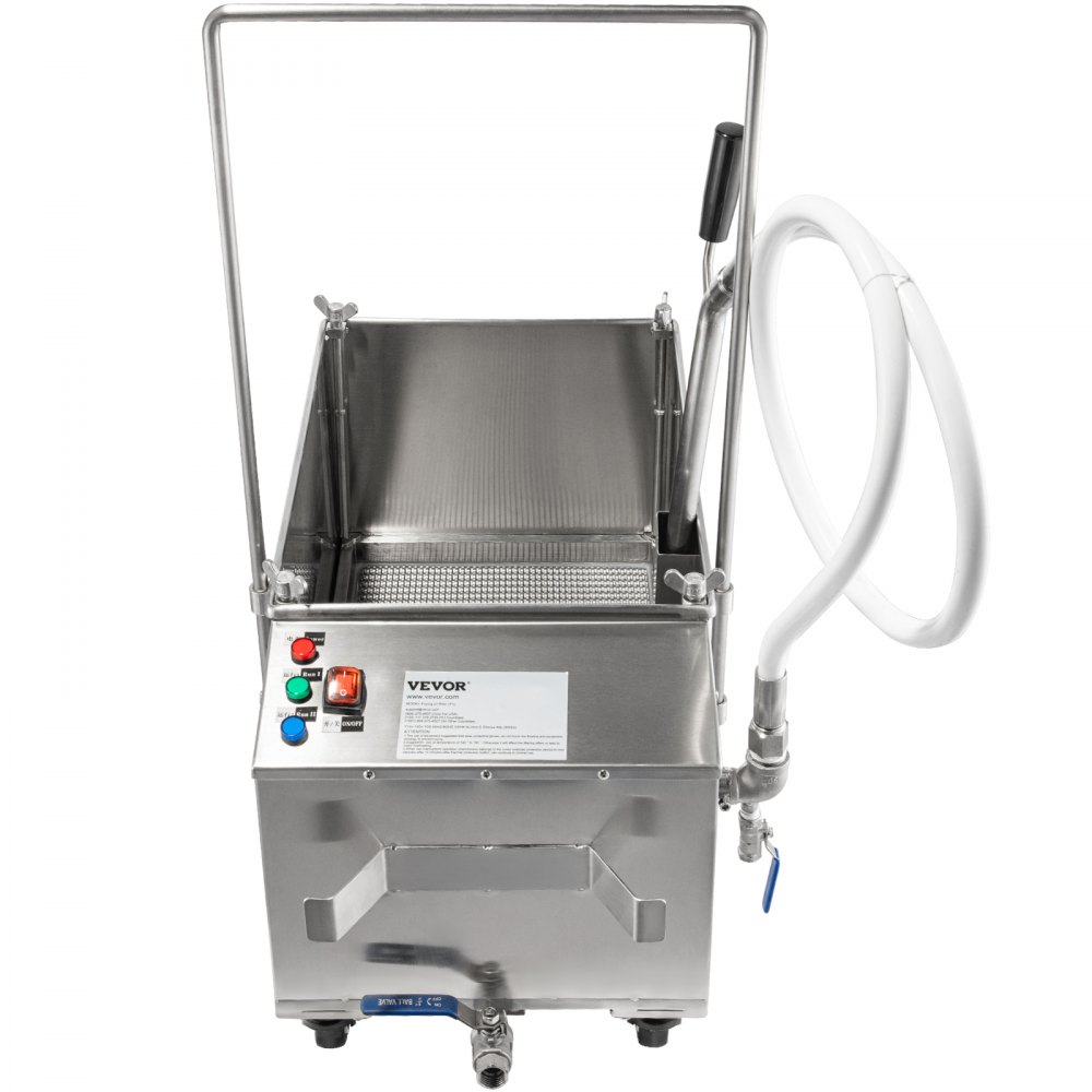 Filtro para freidora móvil VEVOR, cuerpo de acero inoxidable, panel de control y manguera flexible.