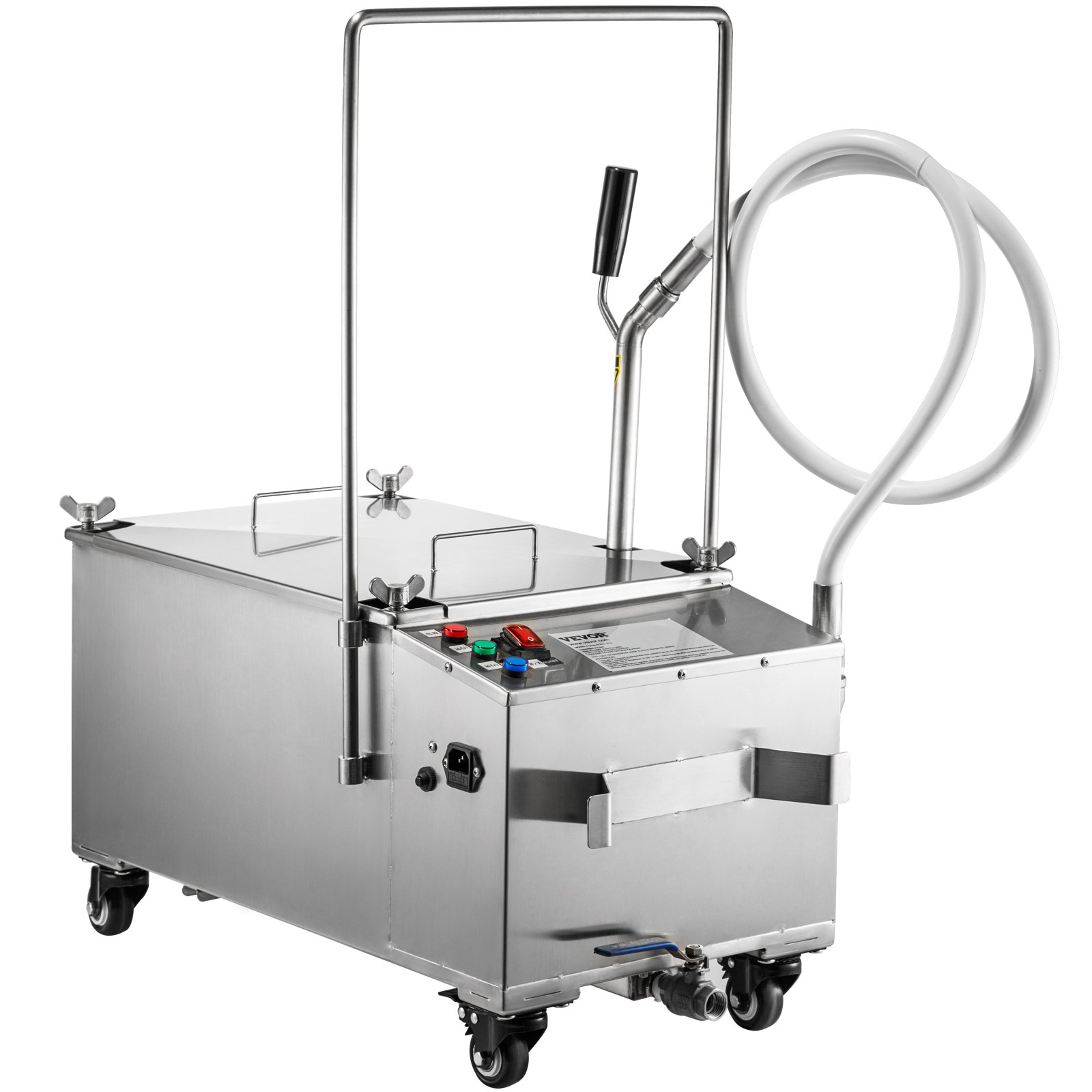 Freidora móvil VEVOR con filtro, manguera, botones de control y tanque de acero inoxidable sobre ruedas.
