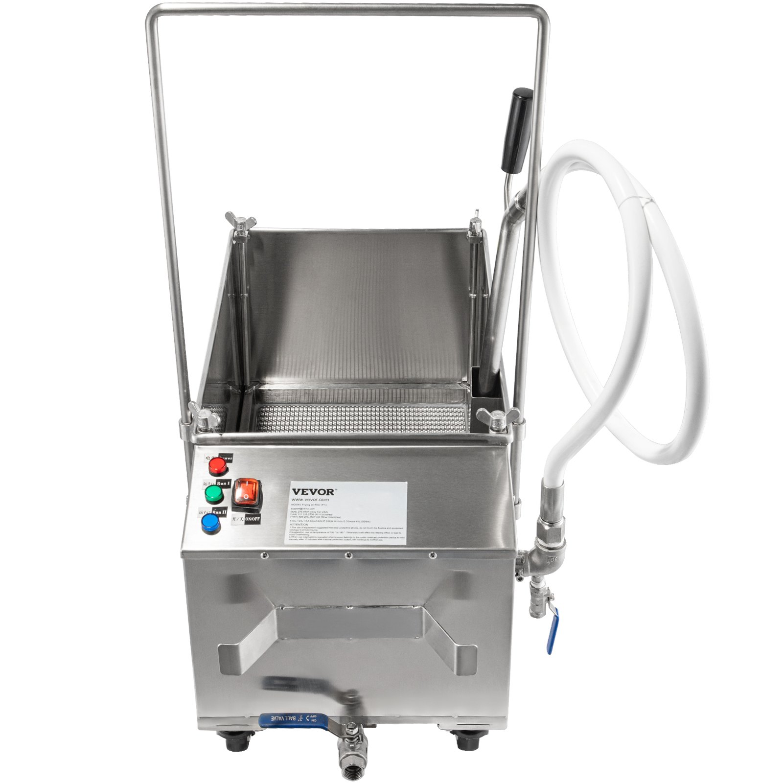 Filtro para freidora móvil VEVOR, cuerpo de acero inoxidable, panel de control y manguera flexible.