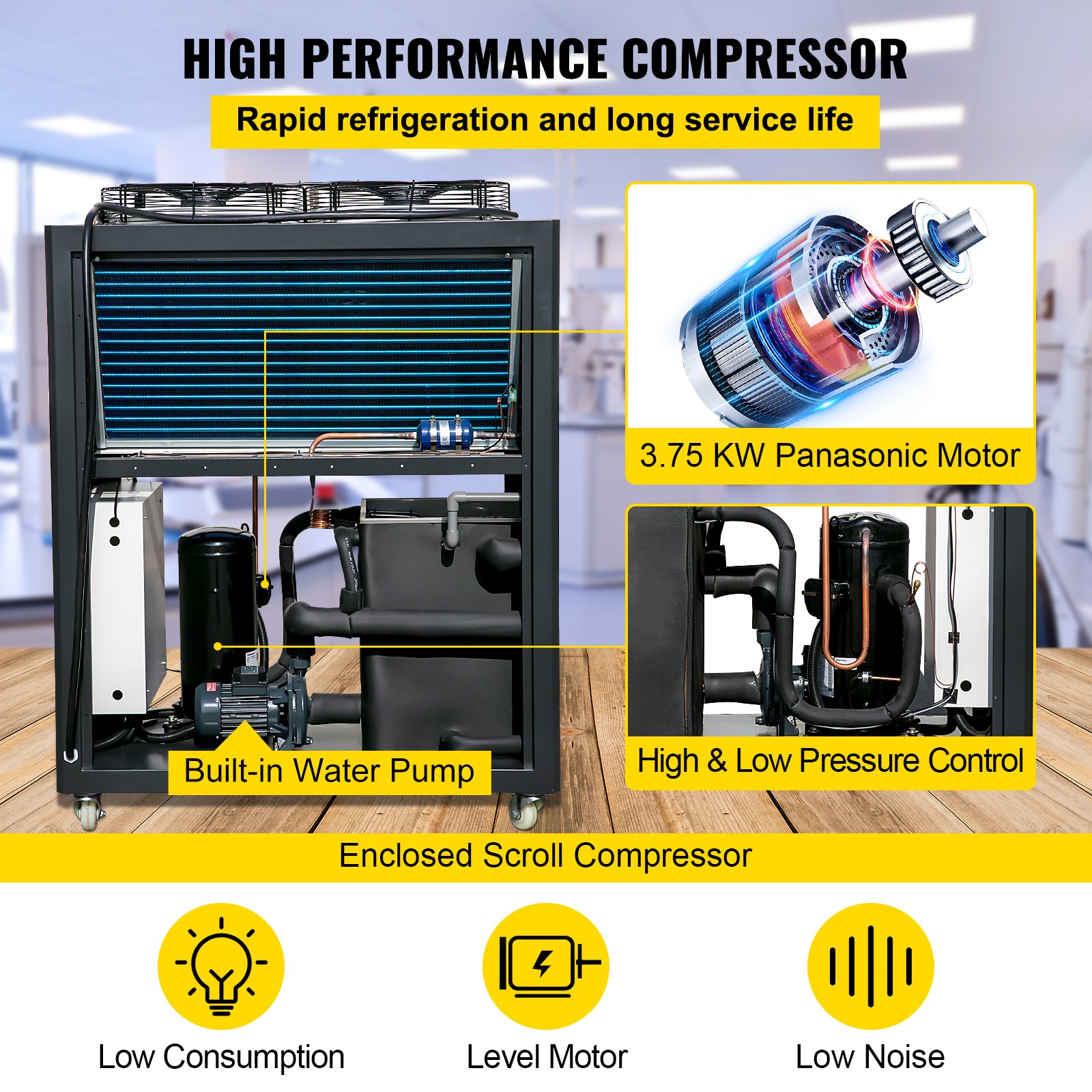 Enfriador de agua portátil VEVOR de 5 toneladas, refrigerado por aire, 5 HP, tanque de 53 L, condensador con aletas y control por microcomputadora, capacidad de enfriamiento de 15 kW, tanque de acero inoxidable.