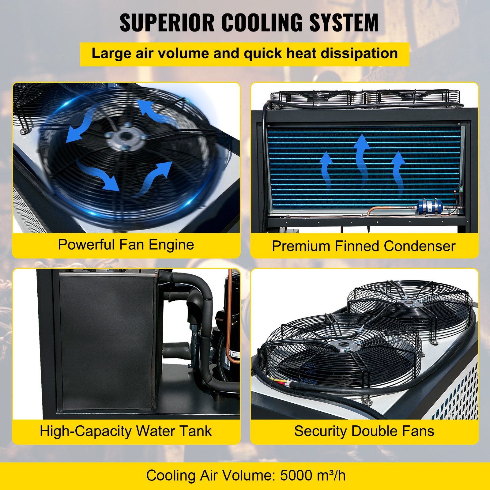 Enfriador de agua portátil VEVOR de 5 toneladas, refrigerado por aire, 5 HP, tanque de 53 L, condensador con aletas y control por microcomputadora, capacidad de enfriamiento de 15 kW, tanque de acero inoxidable.