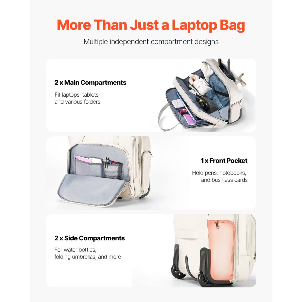 VEVOR Maleta para Ordenador Portátil de Hasta 39,62 cm, Bolso de Mano con 2 Ruedas Fijas y Un Asa Telescópica de 4 Alturas Ajustables para Trabajo, Oficina, Viajes de Negocios, Viajes Diarios
