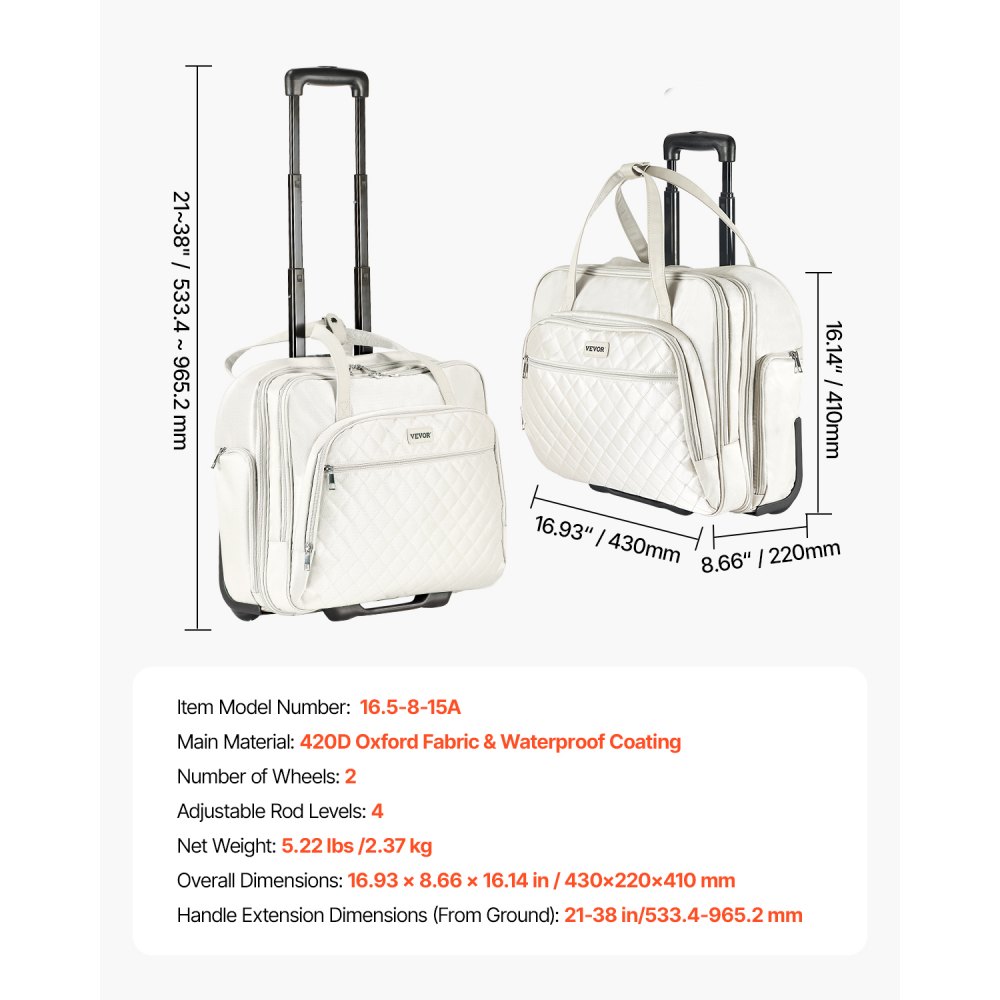 VEVOR Maleta para Ordenador Portátil de Hasta 39,62 cm, Bolso de Mano con 2 Ruedas Fijas y Un Asa Telescópica de 4 Alturas Ajustables para Trabajo, Oficina, Viajes de Negocios, Viajes Diarios
