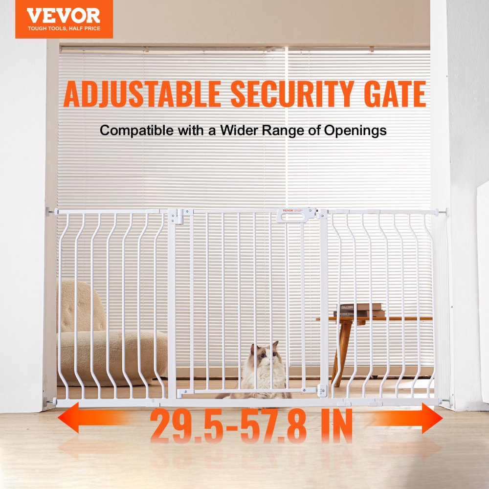VEVOR Puerta para bebés, 29.5"-57.8" extra ancha, 30" de alto, puerta para perros para escaleras, puertas y casa, puerta de seguridad para niños con cierre automático y fácil paso, puerta de seguridad para mascotas con kit de montaje a presión y kit de montaje en pared, color blanco