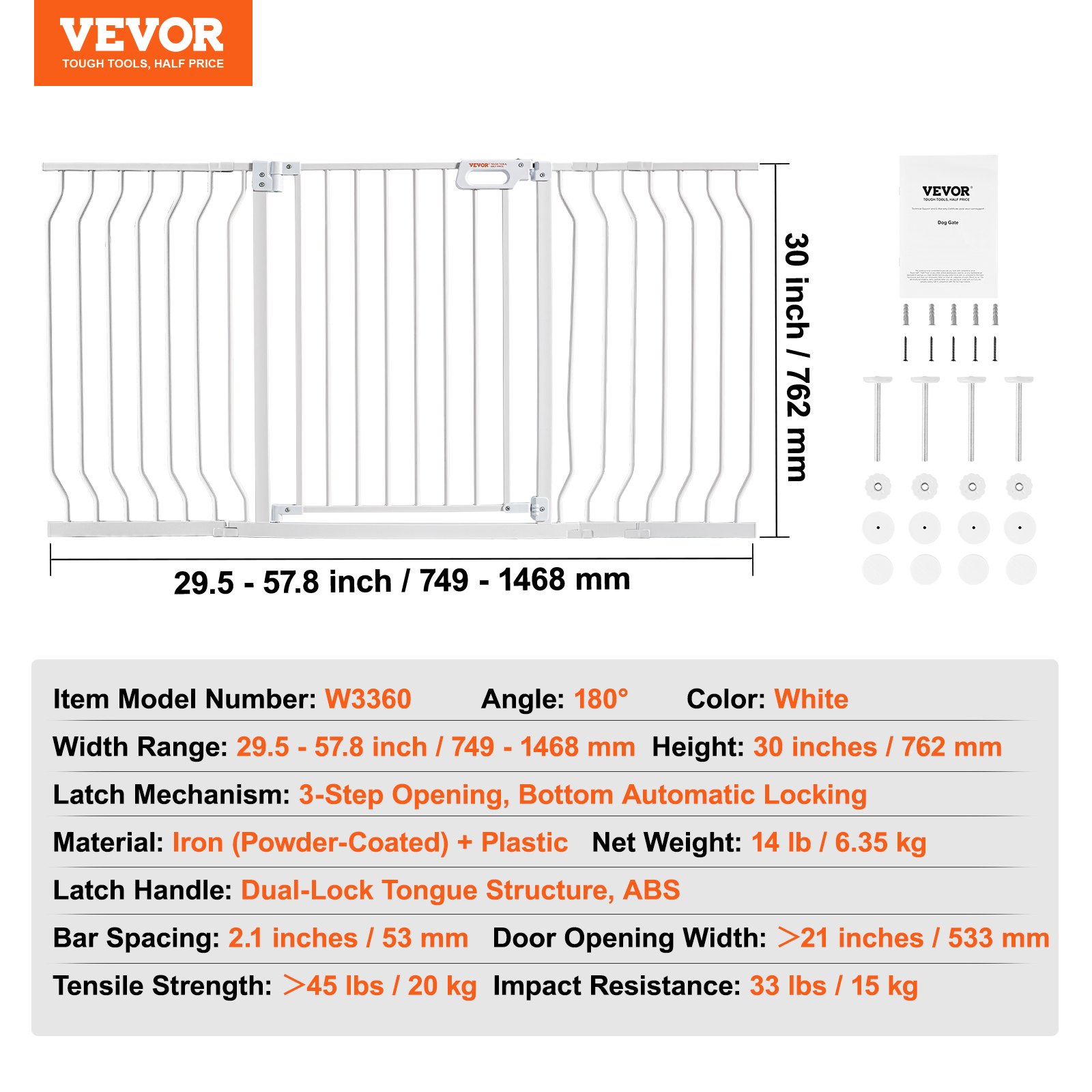VEVOR Puerta para bebés, 29.5"-57.8" extra ancha, 30" de alto, puerta para perros para escaleras, puertas y casa, puerta de seguridad para niños con cierre automático y fácil paso, puerta de seguridad para mascotas con kit de montaje a presión y kit de montaje en pared, color blanco