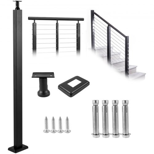 VEVOR Cable Rail Post Level Deck Stair Post 42 x 0.98 x 1.97" Cable Pasamanos Poste Acero inoxidable Acabado cepillado Barandilla de cubierta DIY Piquete sin agujero Kit de barandilla de escalera con soporte de montaje Negro