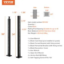 VEVOR Pasamanos para Terrazas de Acero Inoxidable Poste Negro 91,4 x 2,5 x 5 cm