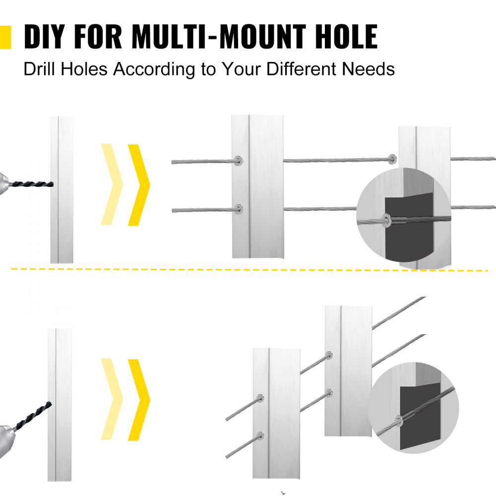 VEVOR - Poste de pasamanos de cable para escalera de terraza (36 x 1,97 x 1,97 pulgadas), acero inoxidable, trefilado, para bricolaje, sin orificio, kit de barandilla de escalera con soporte de montaje, color plateado