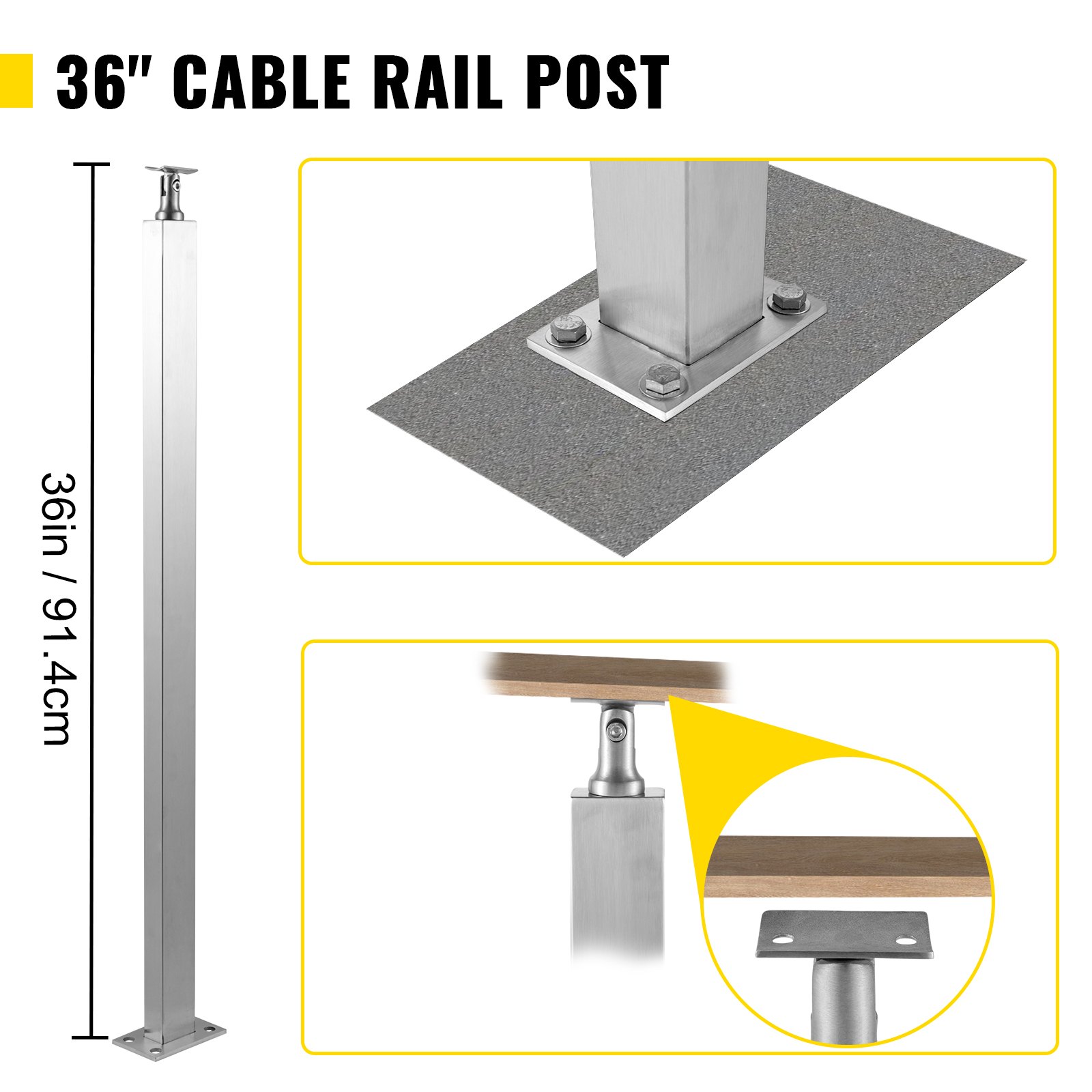VEVOR - Poste de pasamanos de cable para escalera de terraza (36 x 1,97 x 1,97 pulgadas), acero inoxidable, trefilado, para bricolaje, sin orificio, kit de barandilla de escalera con soporte de montaje, color plateado