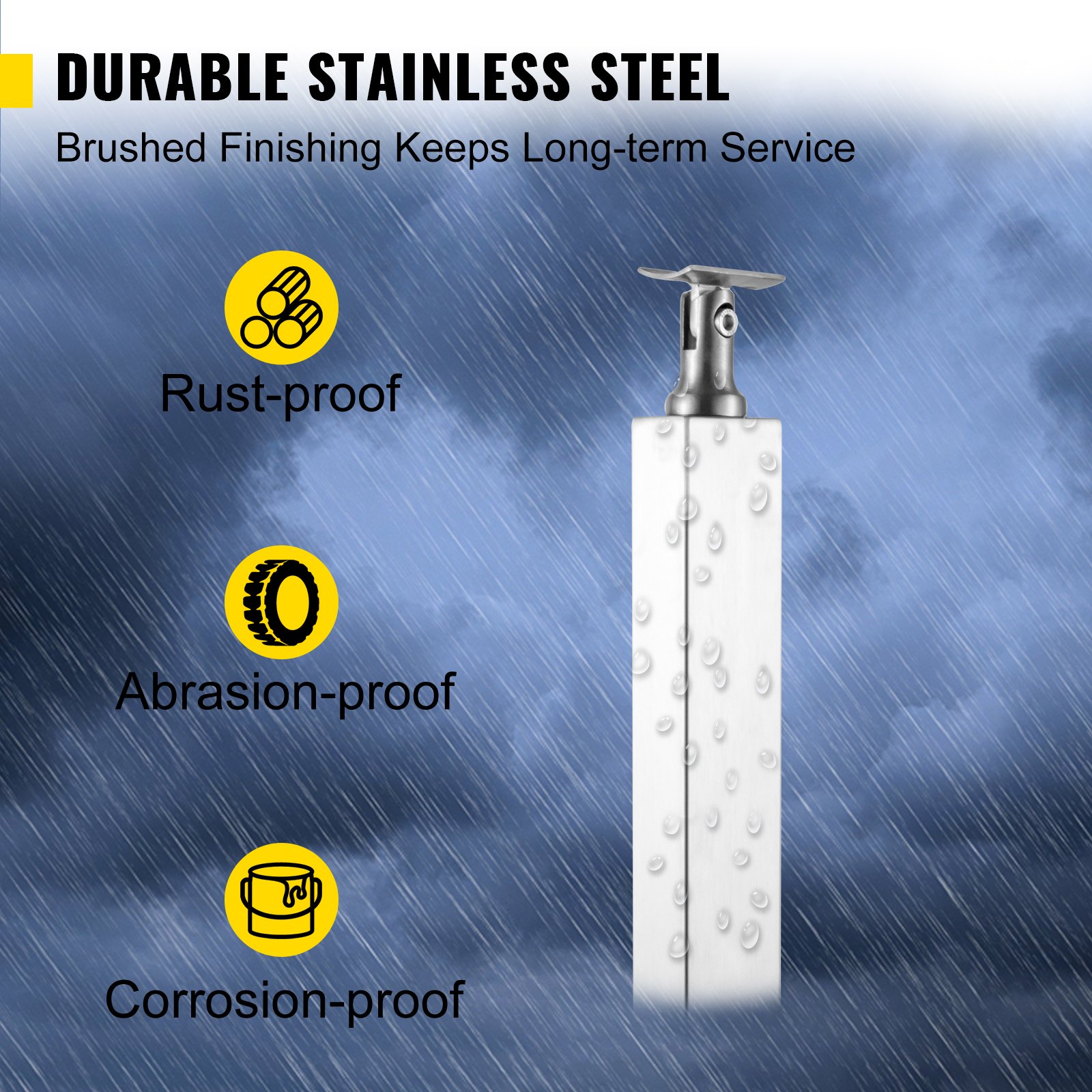 VEVOR - Poste de pasamanos de cable para escalera de terraza (36 x 1,97 x 1,97 pulgadas), acero inoxidable, trefilado, para bricolaje, sin orificio, kit de barandilla de escalera con soporte de montaje, color plateado