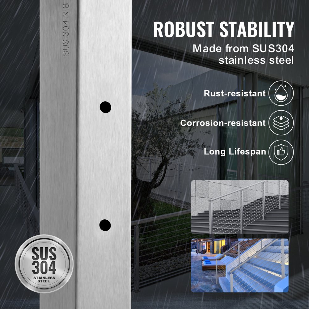 VEVOR - Poste de barandilla de cable de 36 x 0,98 x 1,97 pulgadas, poste de pasamanos de cable de acero inoxidable, barandilla de cubierta de dibujo de alambre, piquetes preperforados con soporte de montaje, kit de barandilla de escalera, color plateado