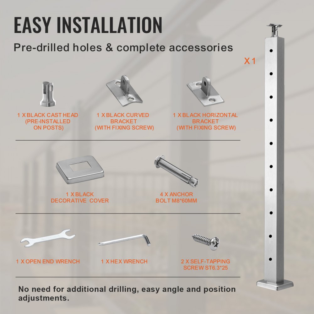 VEVOR - Poste de barandilla de cable de 36 x 0,98 x 1,97 pulgadas, poste de pasamanos de cable de acero inoxidable, barandilla de cubierta de dibujo de alambre, piquetes preperforados con soporte de montaje, kit de barandilla de escalera, color plateado