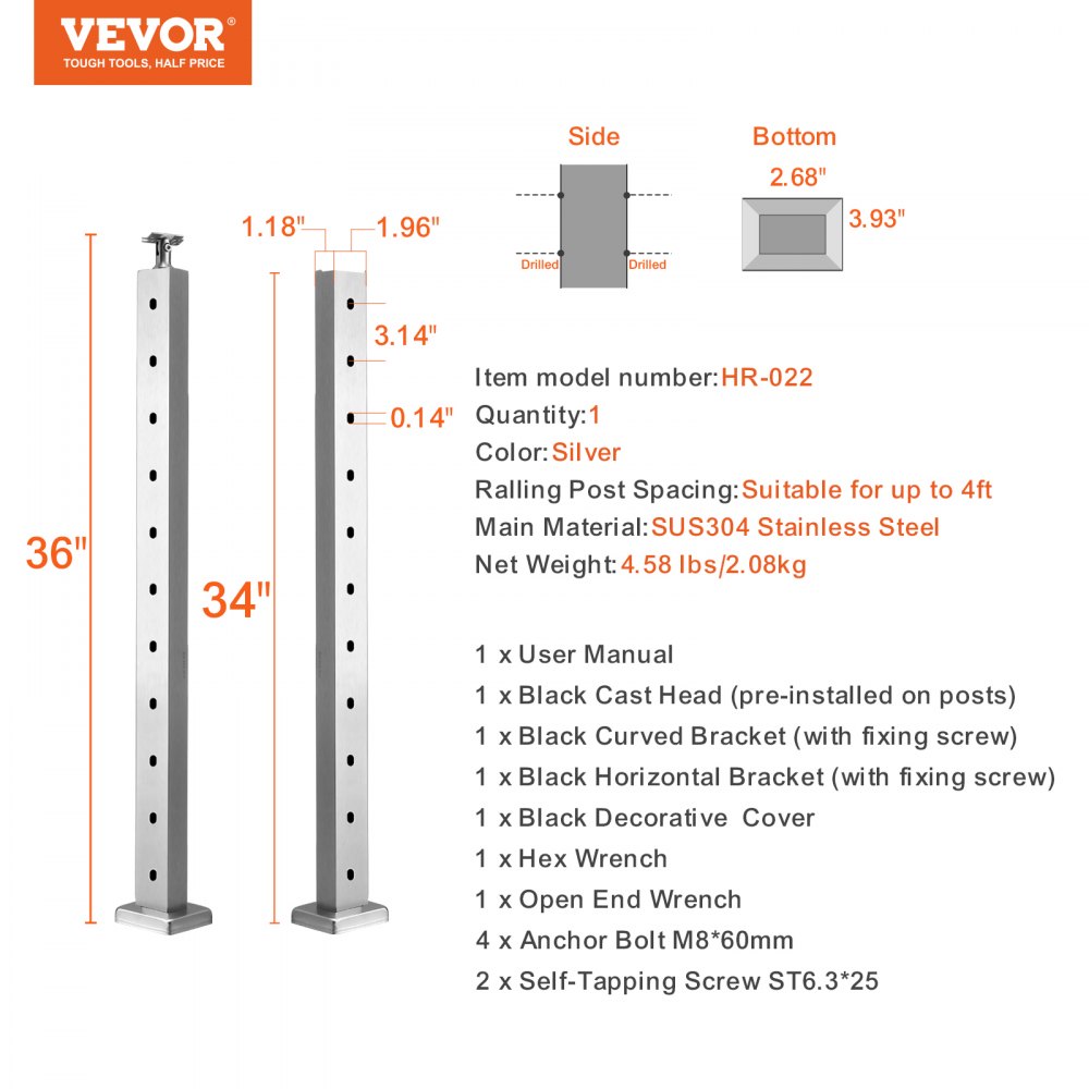 VEVOR - Poste de barandilla de cable de 36 x 0,98 x 1,97 pulgadas, poste de pasamanos de cable de acero inoxidable, barandilla de cubierta de dibujo de alambre, piquetes preperforados con soporte de montaje, kit de barandilla de escalera, color plateado