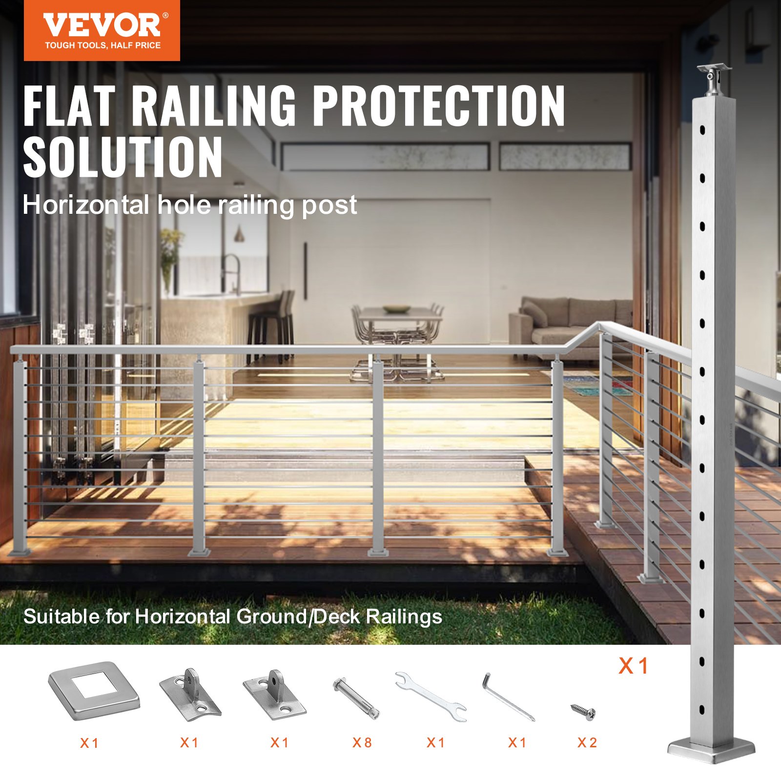 VEVOR Cable Railing Post Level Deck Stair Post 42 x 1.97 x 1.97" Cable Handrail Post Stainless Steel Wire Drawing Deck Railing Pre-Drilled Pickets with Mounting Bracket Stair LGZYYK106.755Q4D0V0