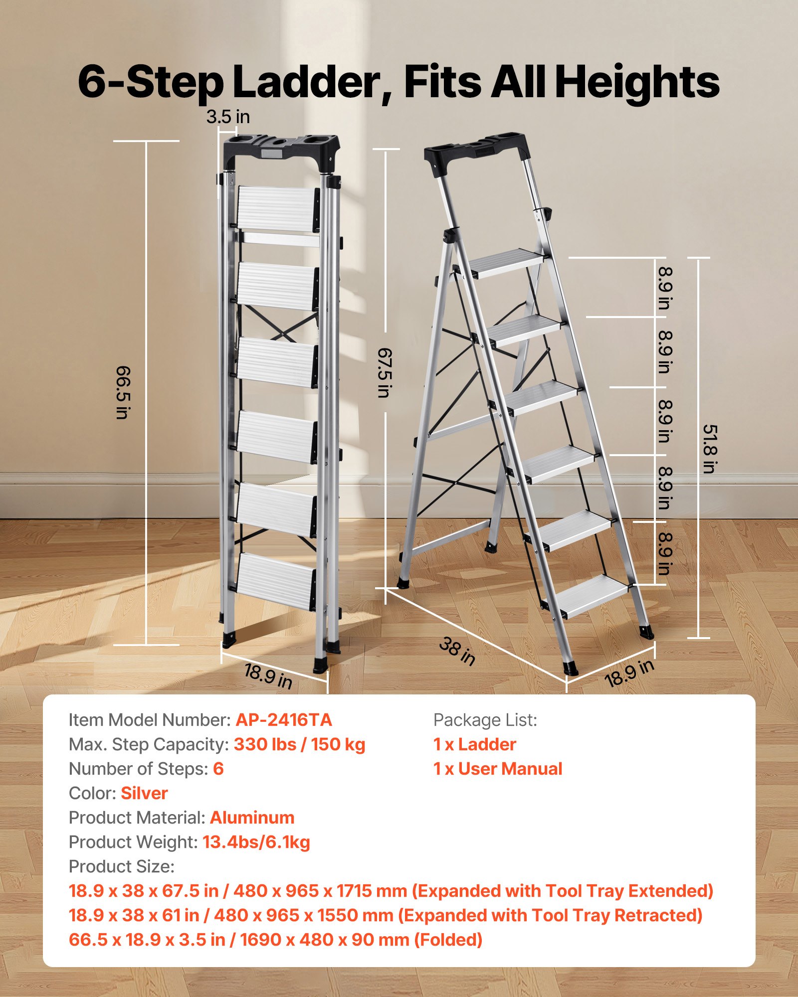 VEVOR Escalera de Aluminio Plegable 6 Peldaños, Escalera de Tijera con Pedal Antideslizante y Empuñadura Cómoda, Capacidad de 150 kg, Taburete Multifuncional para Cocina, Almacén, Hogar, Oficina