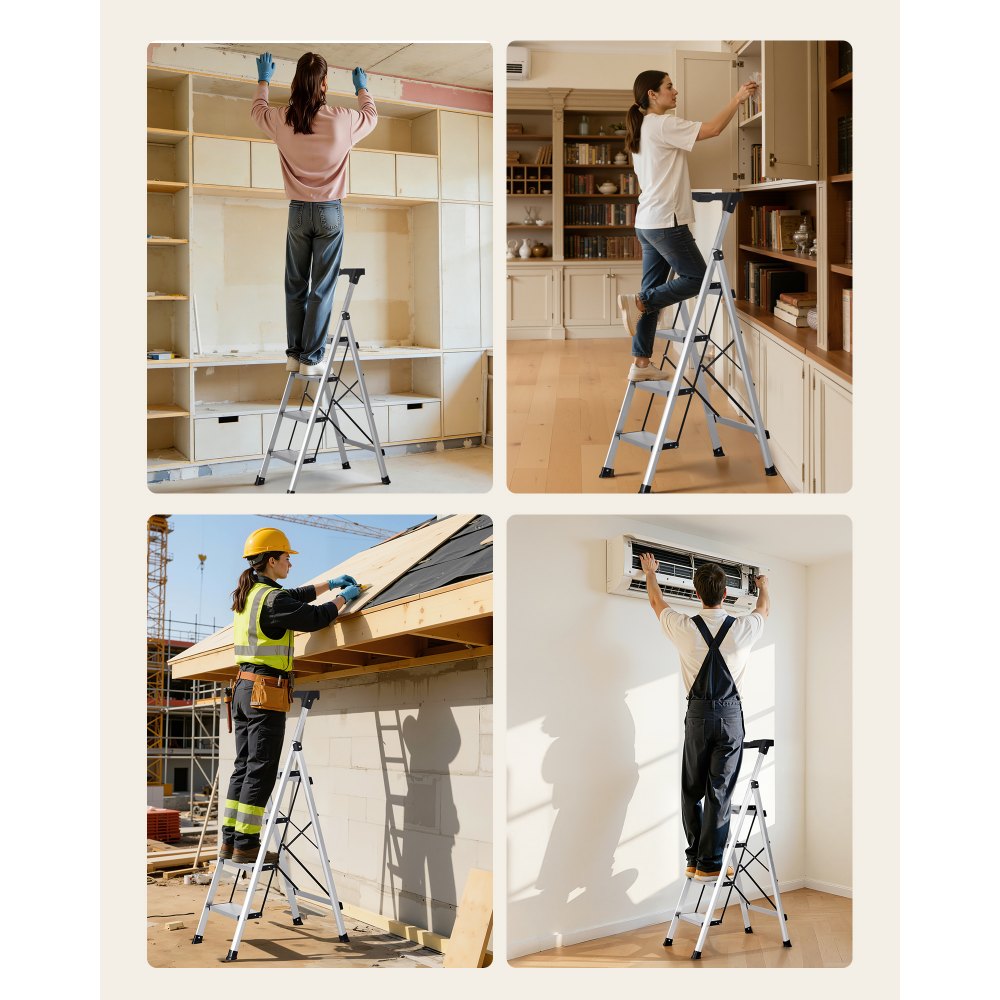 VEVOR Escalera de Aluminio Plegable 4 Peldaños, Escalera de Tijera con Pedal Antideslizante y Empuñadura Cómoda, Capacidad de 150 kg, Taburete Multifuncional para Cocina, Almacén, Hogar, Oficina