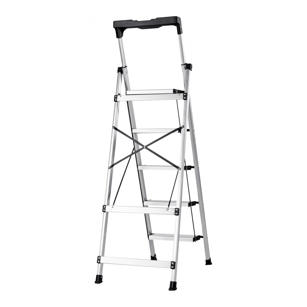 VEVOR Escalera de Aluminio Plegable 5 Peldaños, Escalera de Tijera con Pedal Antideslizante y Empuñadura Cómoda, Capacidad de 150 kg, Taburete Multifuncional para Cocina, Almacén, Hogar, Oficina