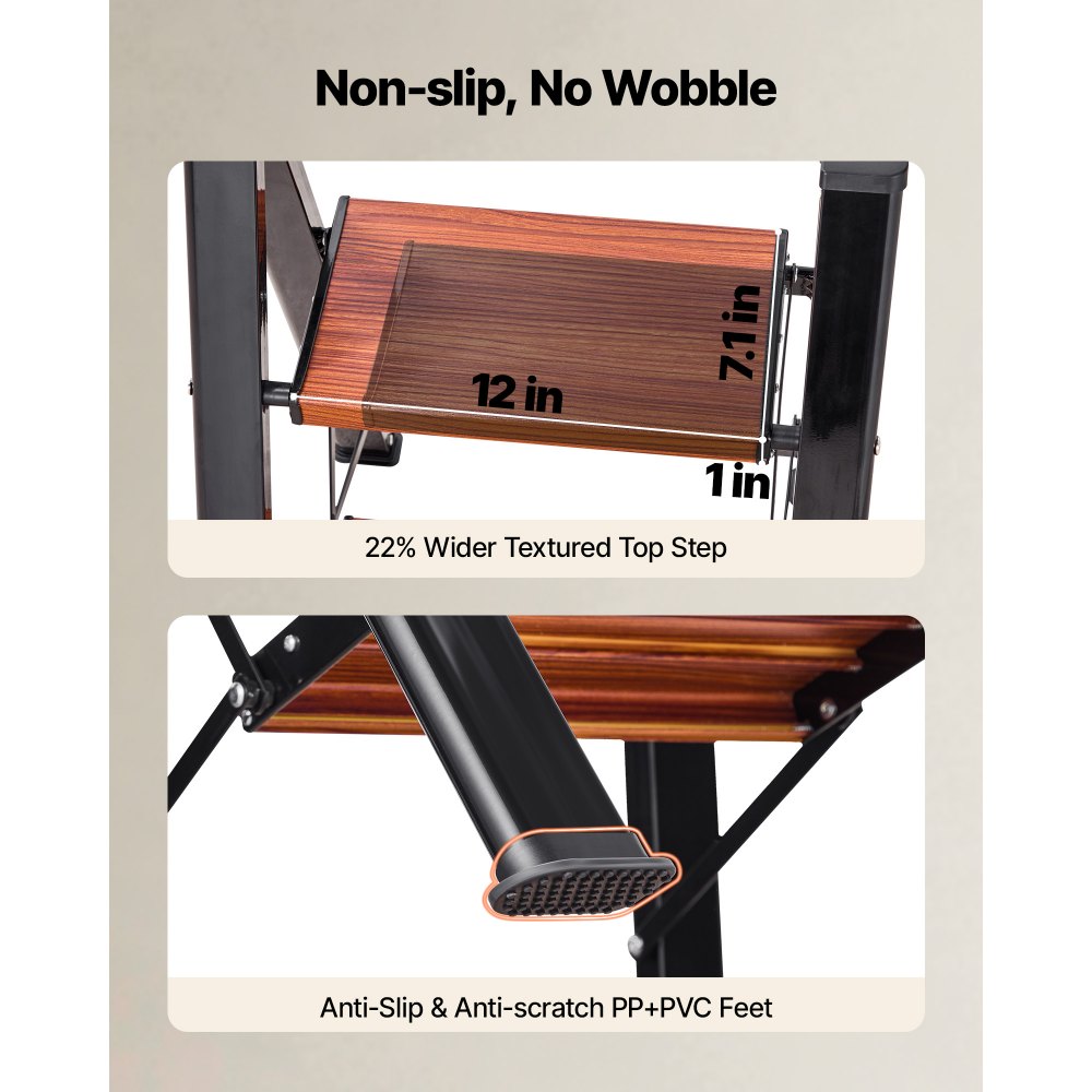 VEVOR Escalera Plegable 2 Peldaños, Escalera de Tijera con Pedal Ancho Antideslizante y Empuñadura Cómoda, Capacidad de 150 kg, Taburete Multifuncional para Cocina, Hogar, Plantas, Reparaciones