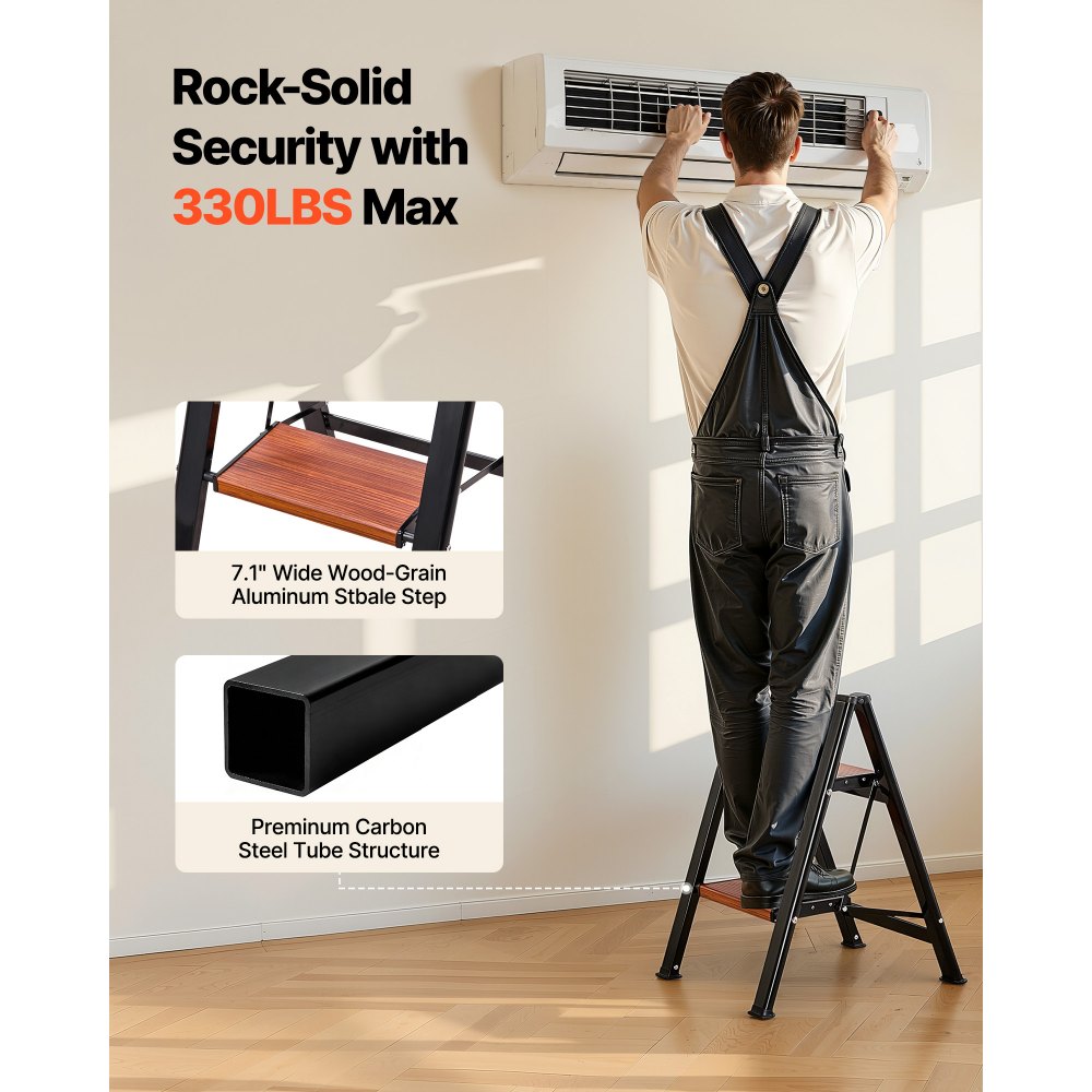 VEVOR Escalera Plegable 2 Peldaños, Escalera de Tijera con Pedal Ancho Antideslizante y Empuñadura Cómoda, Capacidad de 150 kg, Taburete Multifuncional para Cocina, Hogar, Plantas, Reparaciones