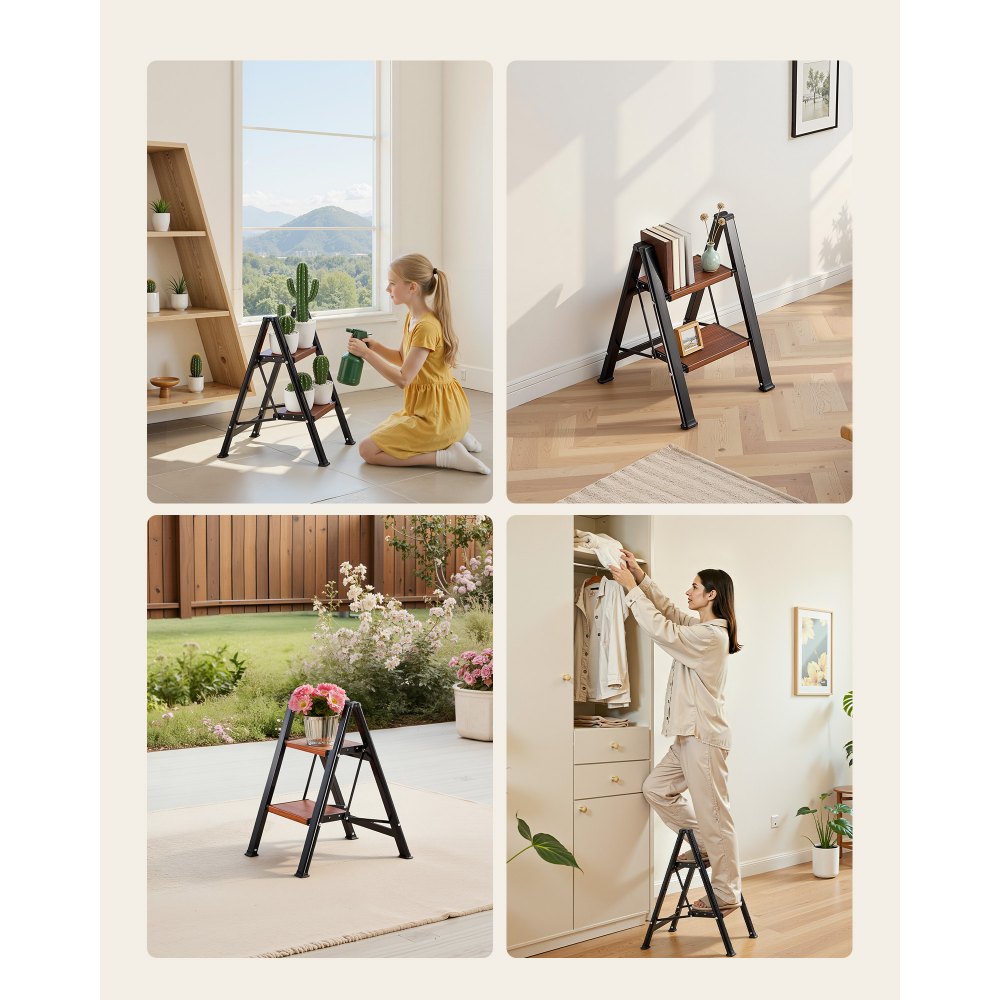 VEVOR Escalera Plegable 2 Peldaños, Escalera de Tijera con Pedal Ancho Antideslizante y Empuñadura Cómoda, Capacidad de 150 kg, Taburete Multifuncional para Cocina, Hogar, Plantas, Reparaciones
