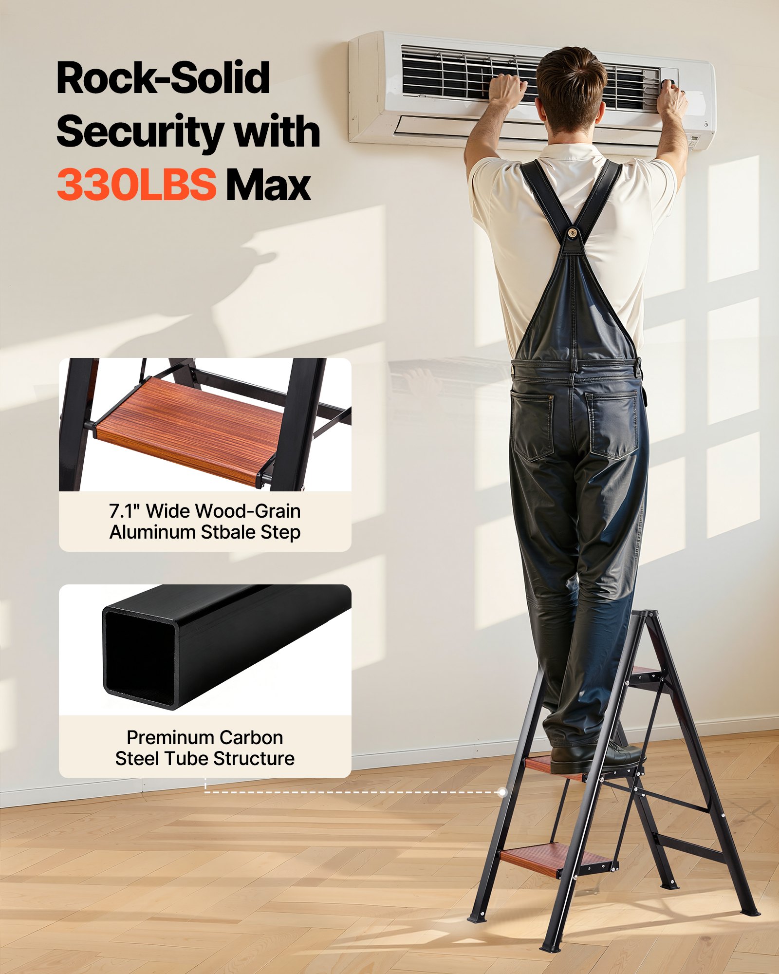 VEVOR Escalera Plegable 3 Peldaños, Escalera de Tijera con Pedal Ancho Antideslizante y Empuñadura Cómoda, Capacidad de 150 kg, Taburete Multifuncional para Cocina, Hogar, Plantas, Reparaciones