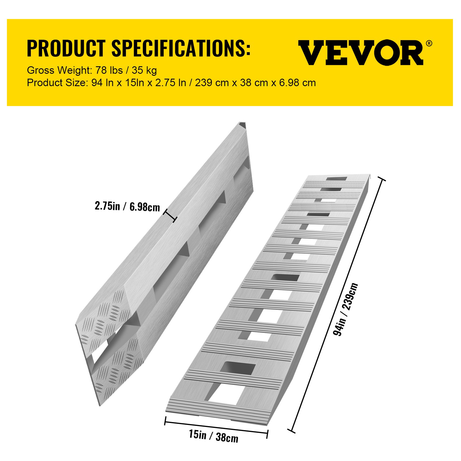 VEVOR 94 X 15 X 2.75 Pulgadas 94x15x2.75 Pulgadas Aluminio 6000LBS Capacidad Coche Remolque Camión ATV 1 Par 2 Rampas