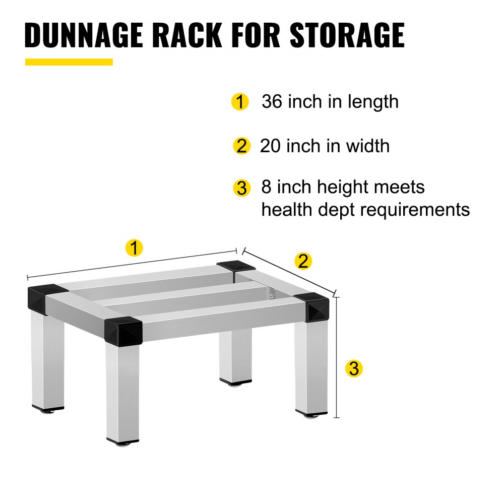 Estante de almacenamiento de aluminio VEVOR, estante de alimentos de piso comercial de 36 x 20 pulgadas, 8 pulgadas fuera del piso, estante de almacenamiento de aluminio de capacidad de 1400 libras, almacenamiento de servicio de alimentos comercial en restaurante, cocinas, tiendas