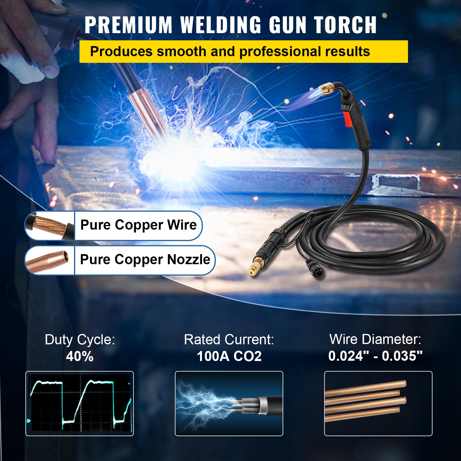 Pistola de soldadura MIG VEVOR con alambre de cobre puro y boquilla para resultados profesionales.