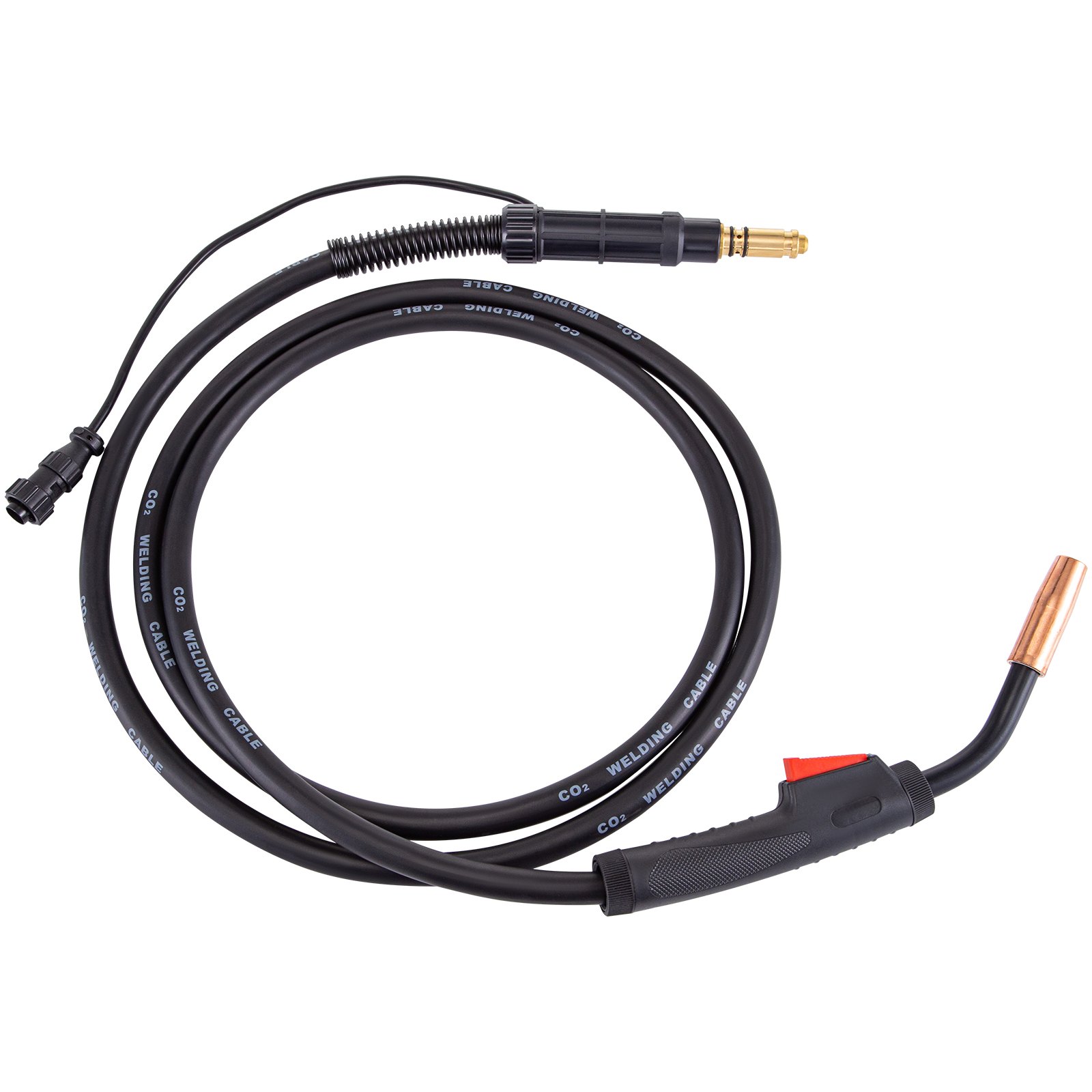 Pistola de soldadura MIG VEVOR con boquilla de cobre y cables aislados de color negro enrollados cuidadosamente.