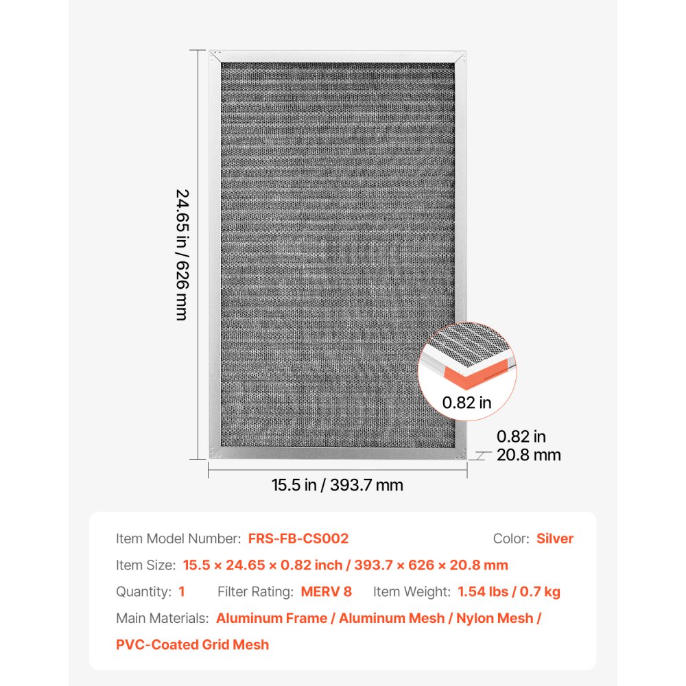 Filtro de aire electrostático VEVOR, 40,6 x 63,5 x 2,5 cm, lavable y reutilizable, de aluminio, para hornos de aire acondicionado y climatización (AC/HVAC), MERV 8 de larga duración, para uso en el hogar o la oficina (tamaño real: 39,5 x 63,5 x 2,1 cm)