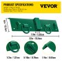 Ganchos para tractor VEVOR: dimensiones del producto, peso y detalles de tamaño en verde.