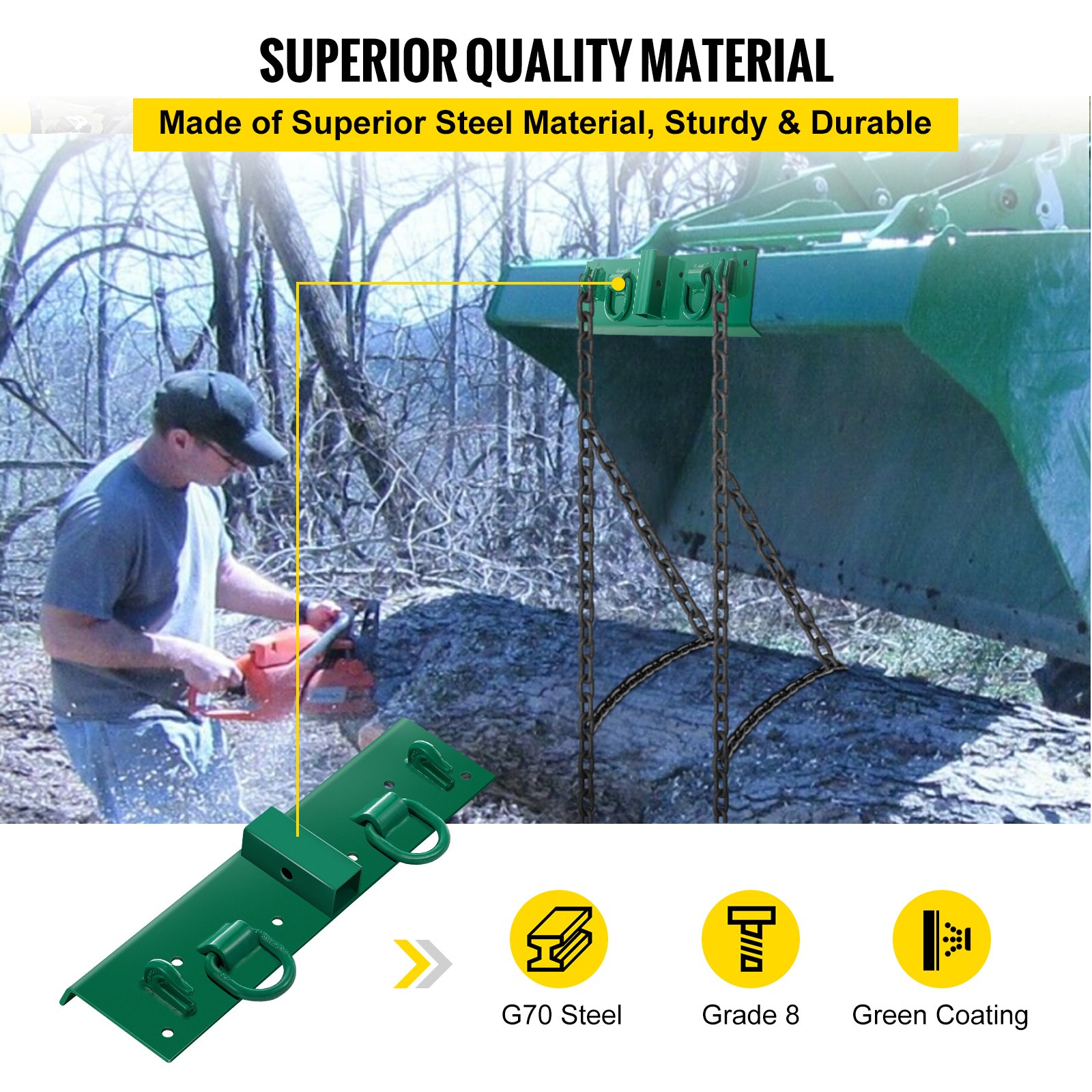 Ganchos para tractor VEVOR fabricados en acero g70 con revestimiento verde, ideales para trabajos pesados.