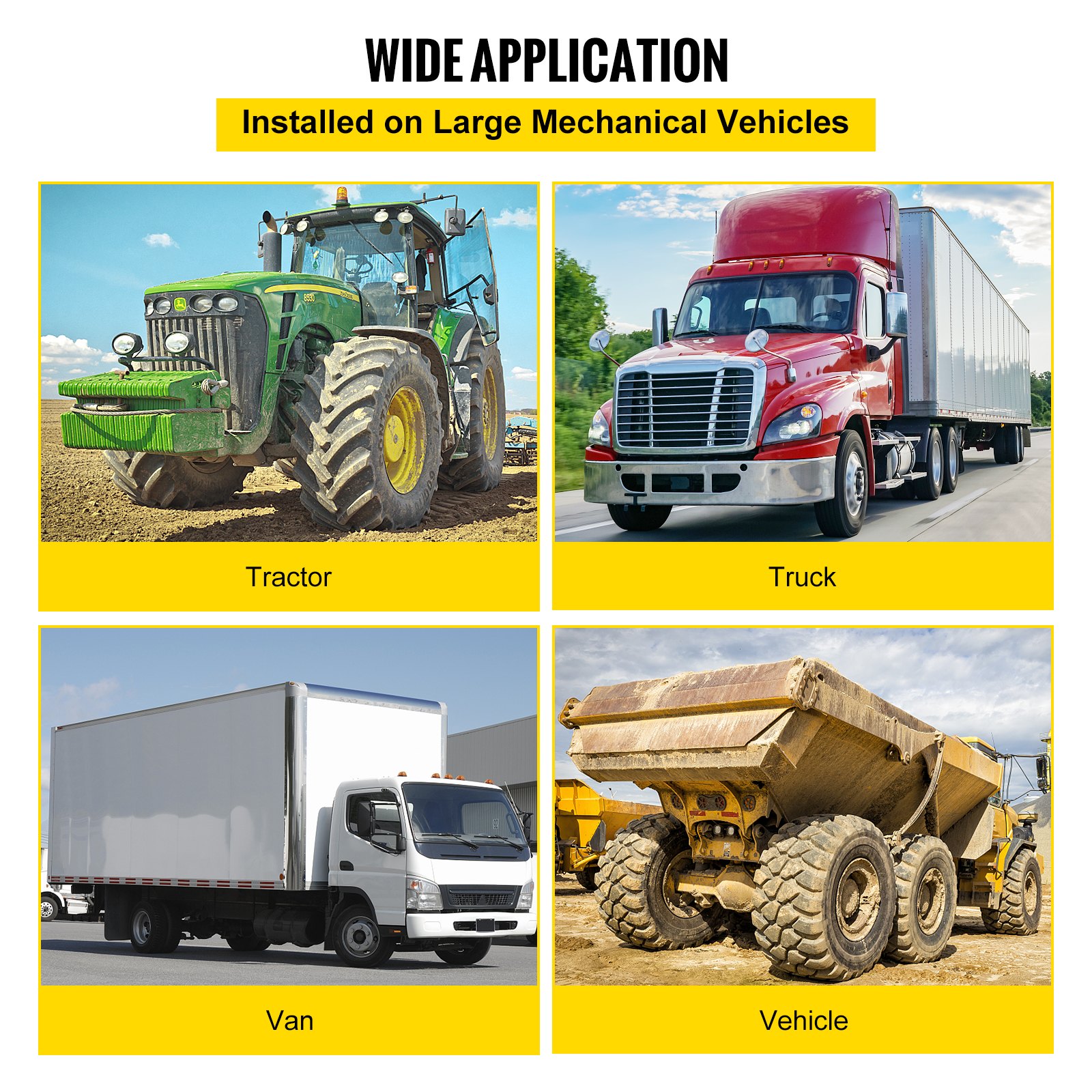 Amplios ejemplos de aplicación de los ganchos de tractor VEVOR en varios vehículos mecánicos de gran tamaño.