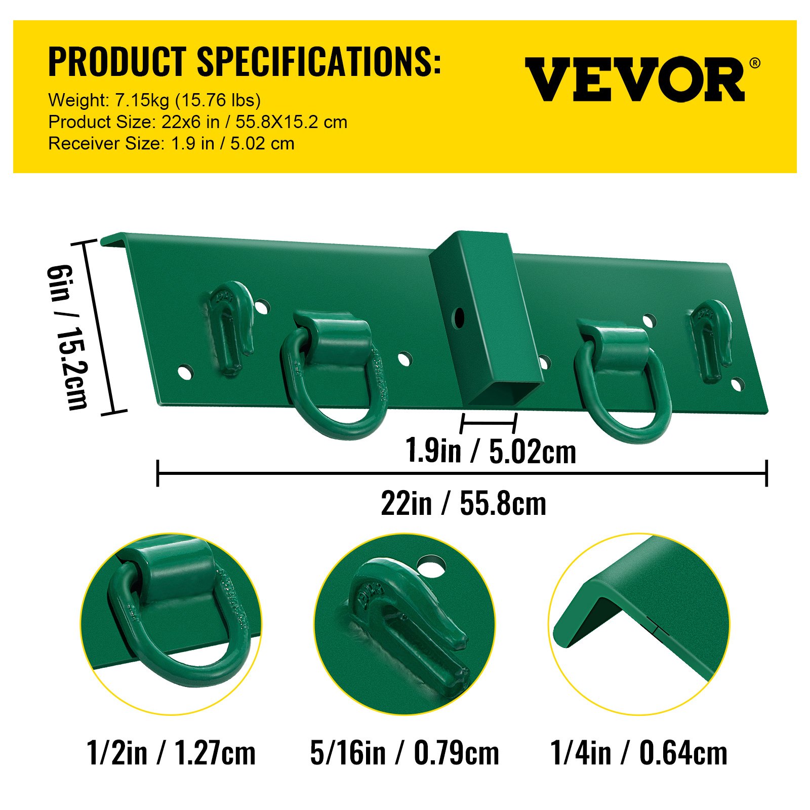 Ganchos para tractor VEVOR: dimensiones del producto, peso y detalles de tamaño en verde.