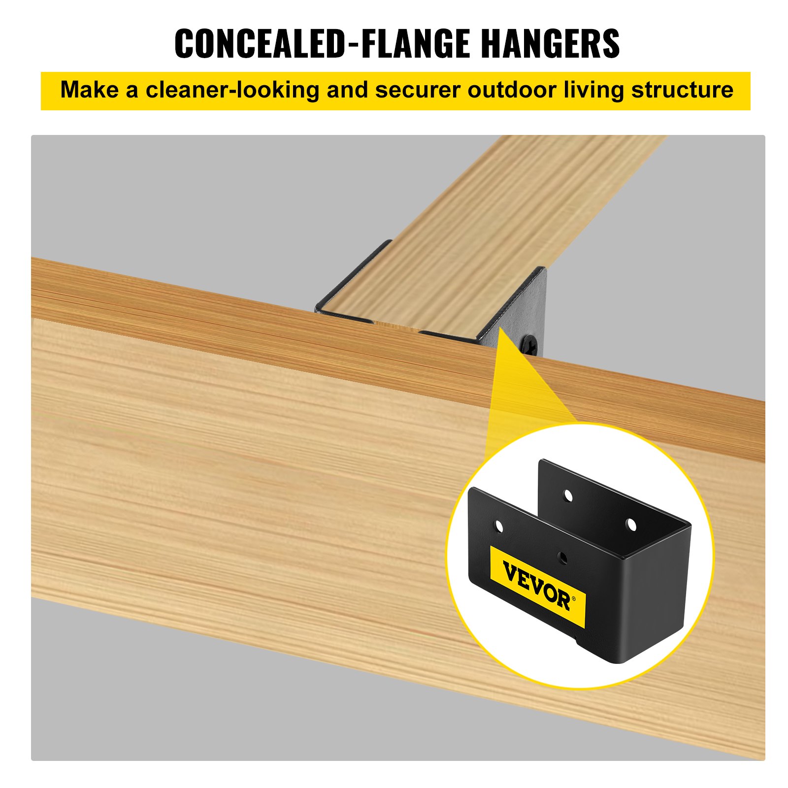 Colgador de vigas oculto VEVOR que fija vigas de madera, ideal para estructuras exteriores limpias.