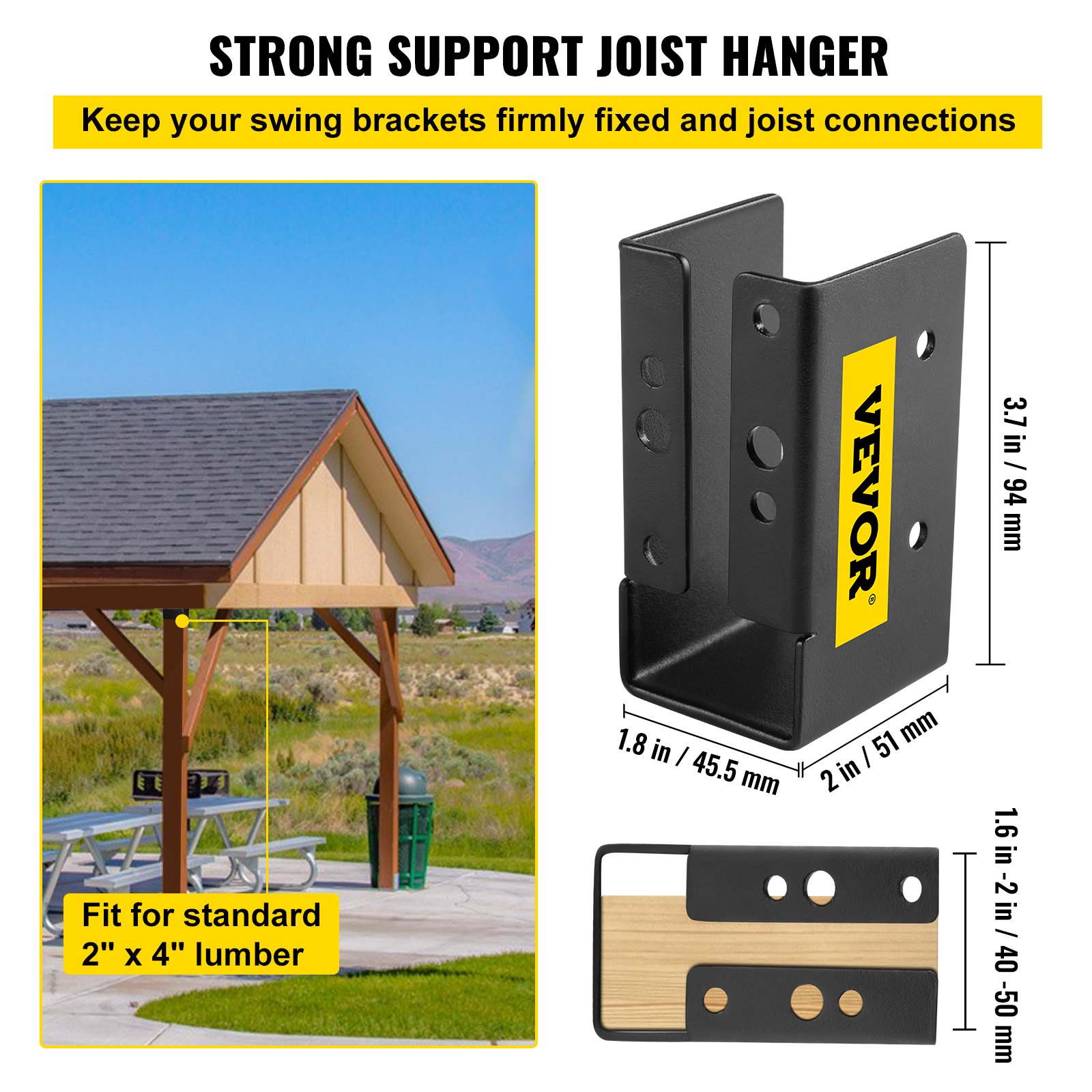 Colgador de vigas oculto VEVOR para madera de 2&quot; x 4&quot; con dimensiones y estructura para exterior.