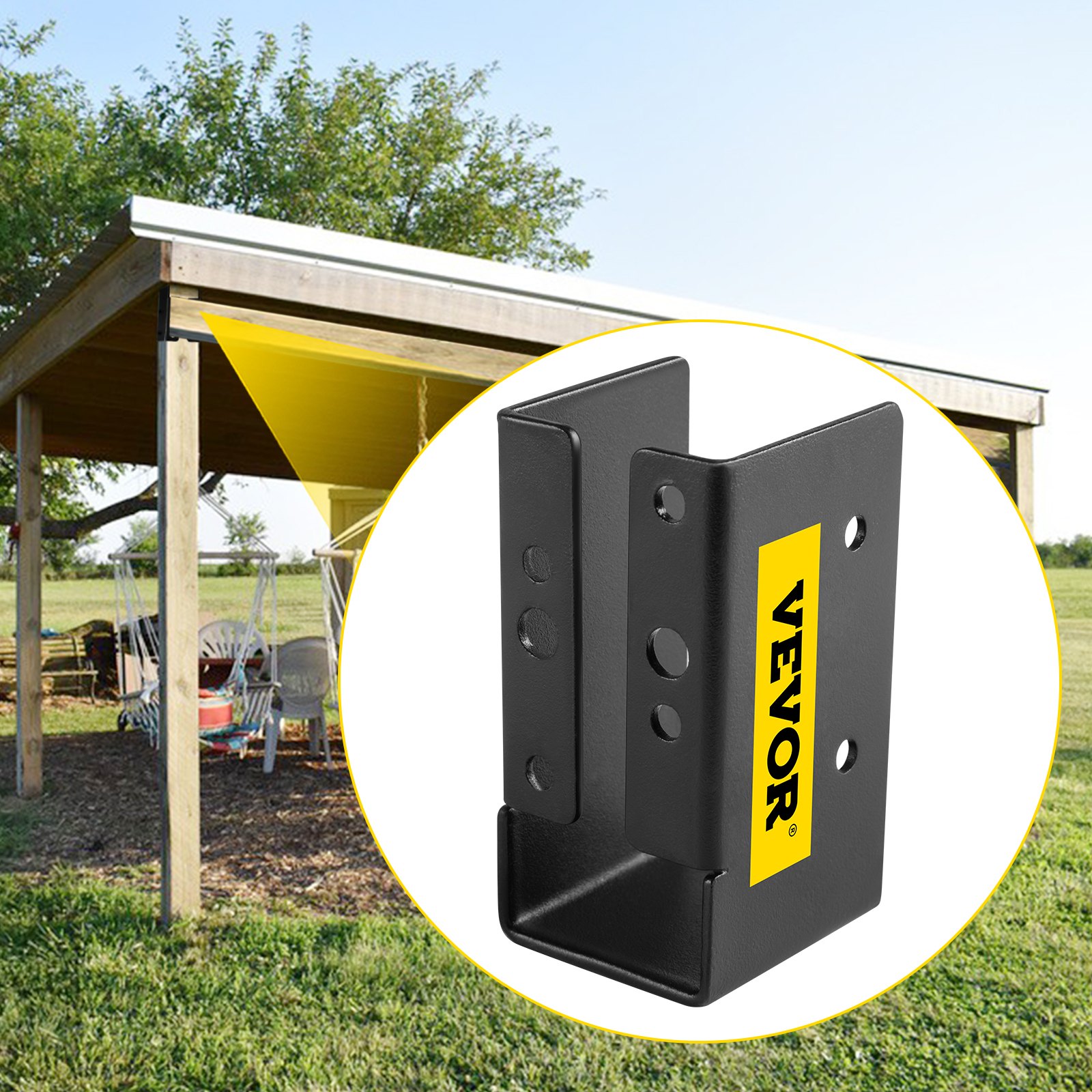 Colgador de vigas ocultas VEVOR delante de una pérgola exterior de madera con sillas.