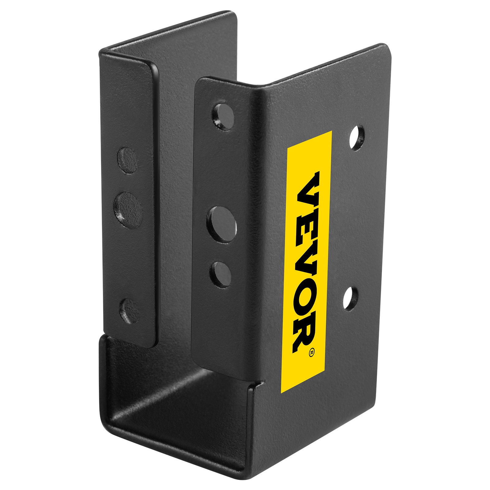 Colgador de vigas oculto VEVOR, de color negro, con etiqueta VEVOR amarilla y múltiples orificios para tornillos.