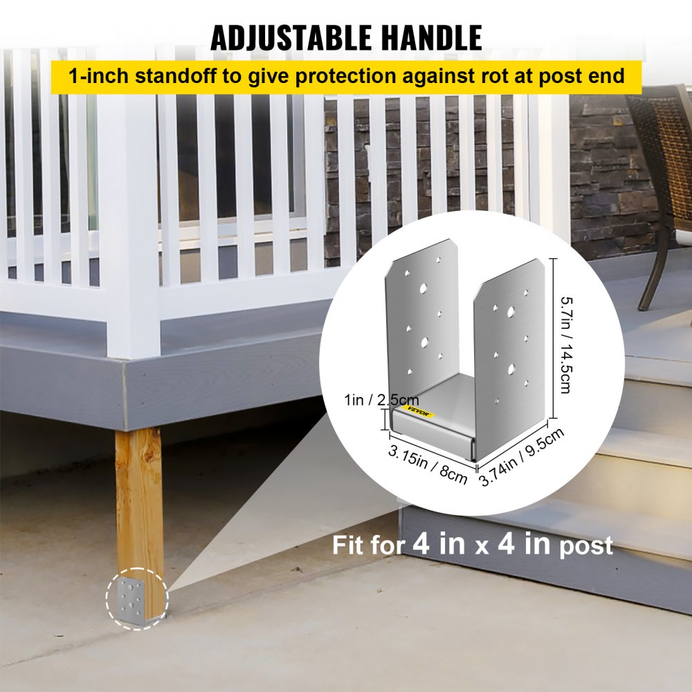 VEVOR Standoff Post Base 4 x 4"(Tamaño interior: 3.74 x 3.15") 12 PCS Base de poste ajustable de acero inoxidable Anclaje de poste ajustable con superficie de dibujo de fibra y juego completo de accesorios para madera de tamaño áspero