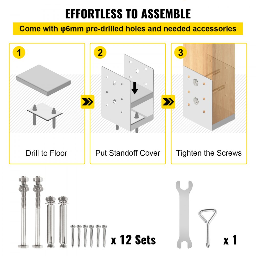 VEVOR Standoff Post Base 4 x 4"(Tamaño interior: 3.74 x 3.15") 12 PCS Base de poste ajustable de acero inoxidable Anclaje de poste ajustable con superficie de dibujo de fibra y juego completo de accesorios para madera de tamaño áspero