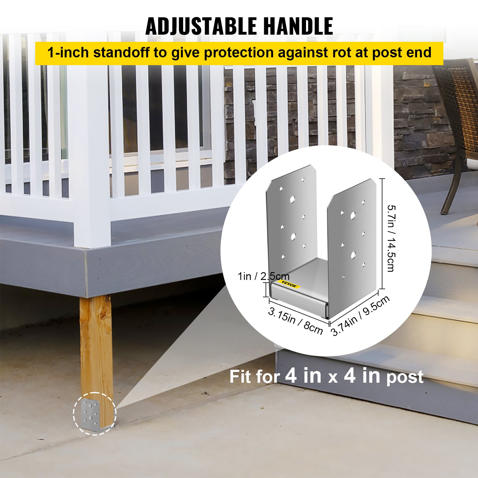 VEVOR Standoff Post Base 4 x 4"(Tamaño interior: 3.74 x 3.15") 12 PCS Base de poste ajustable de acero inoxidable Anclaje de poste ajustable con superficie de dibujo de fibra y juego completo de accesorios para madera de tamaño áspero