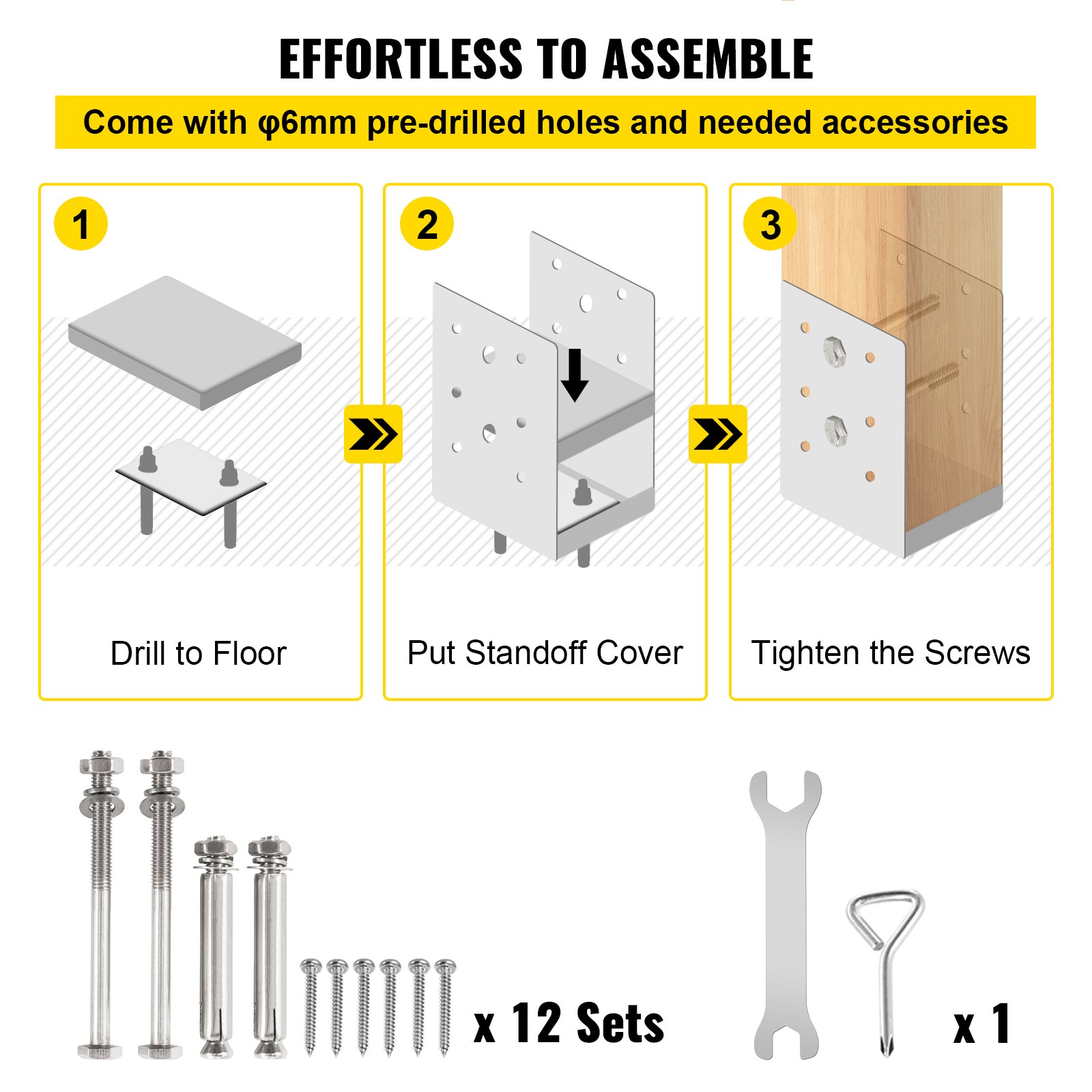VEVOR Standoff Post Base 4 x 4"(Tamaño interior: 3.74 x 3.15") 12 PCS Base de poste ajustable de acero inoxidable Anclaje de poste ajustable con superficie de dibujo de fibra y juego completo de accesorios para madera de tamaño áspero