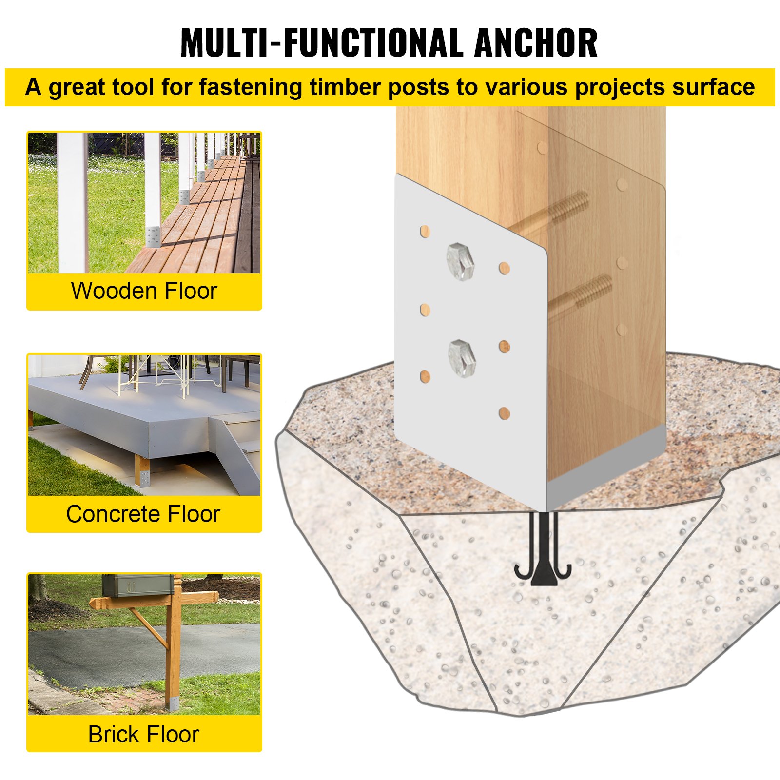 VEVOR Standoff Post Base 4 x 4"(Tamaño interior: 3.74 x 3.15") 12 PCS Base de poste ajustable de acero inoxidable Anclaje de poste ajustable con superficie de dibujo de fibra y juego completo de accesorios para madera de tamaño áspero